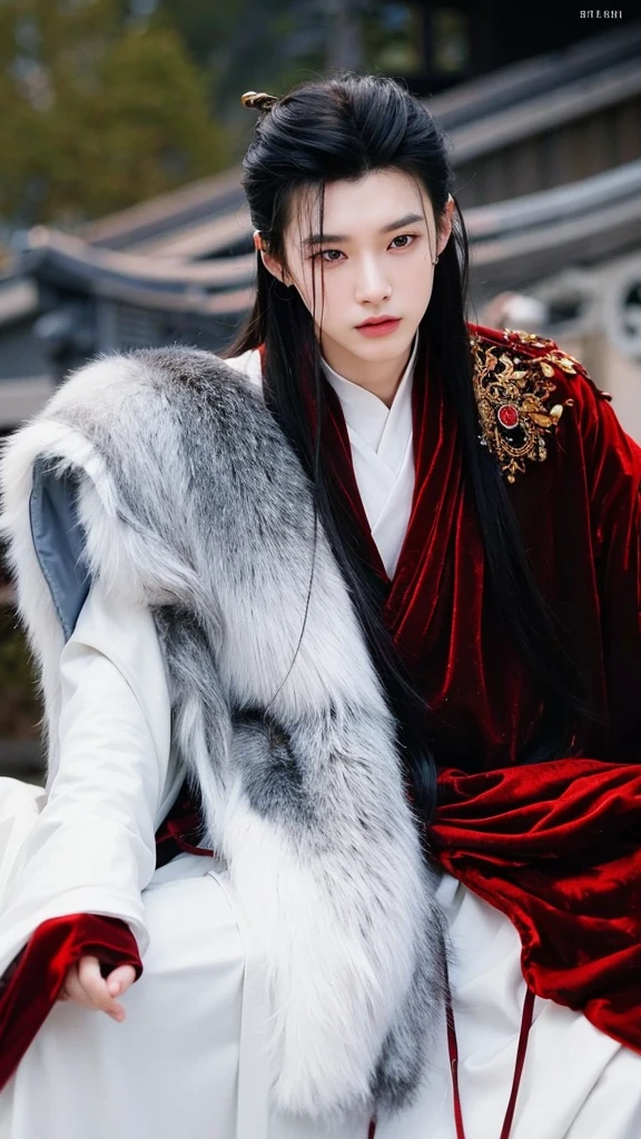 trimmed man with blue and white shirt and pants sitting on a bed, cai xukun, handsome androgynous prince, inspirado em Jeon Jungkook, jovem, inspirado em BTS, handsome chinese prince, cai xukun, inspirado em Zhang Han, handsome androgynous prince, cabelos soltos e vestes longas, hanfu, delicate androgynous prince, hanfu branco, inspirado em Wu Daozi, com cabelos longos brancos, vestindo vestes vermelhas douradas, com longos cabelos brancos