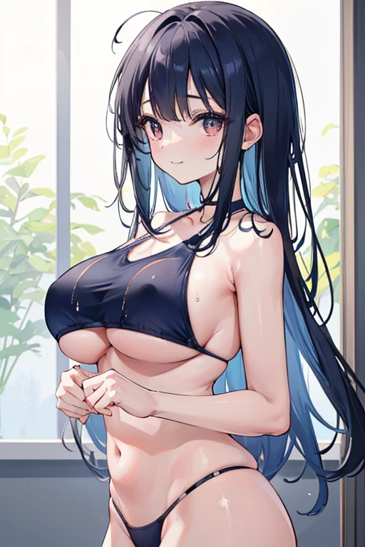 1girl,solo,masterpiece, Awards, high quality, High resolution, HD, 4K,8K,high quality, rough skin, (ultra detail:1.3),very detailed,breast focus,oily skin,underside of breasts,hands is framed out,baby face,(messy hair,messy bangs:1.1),(bikini:1.3),(waxing breasts:1.3),(large eyes,roundness eyes:1.2),smile,young,wet hair,neat clothes,navy blue swimsuit,upper body,from side,large breasts,("c" shaped breasts:1.5)