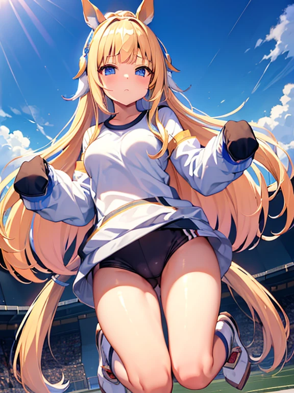 ((masterpiece))、highest quality、(Whole body wide angle)、Neo Universe(Umamusume)、(1 girl、solo)、(horse ears、Uma Musume)、beautiful blue eyes、No expression、(blonde long hair)、spread hair、((small breasts))、(((training wear)))、closed mouth、at the gym、Training Equipment