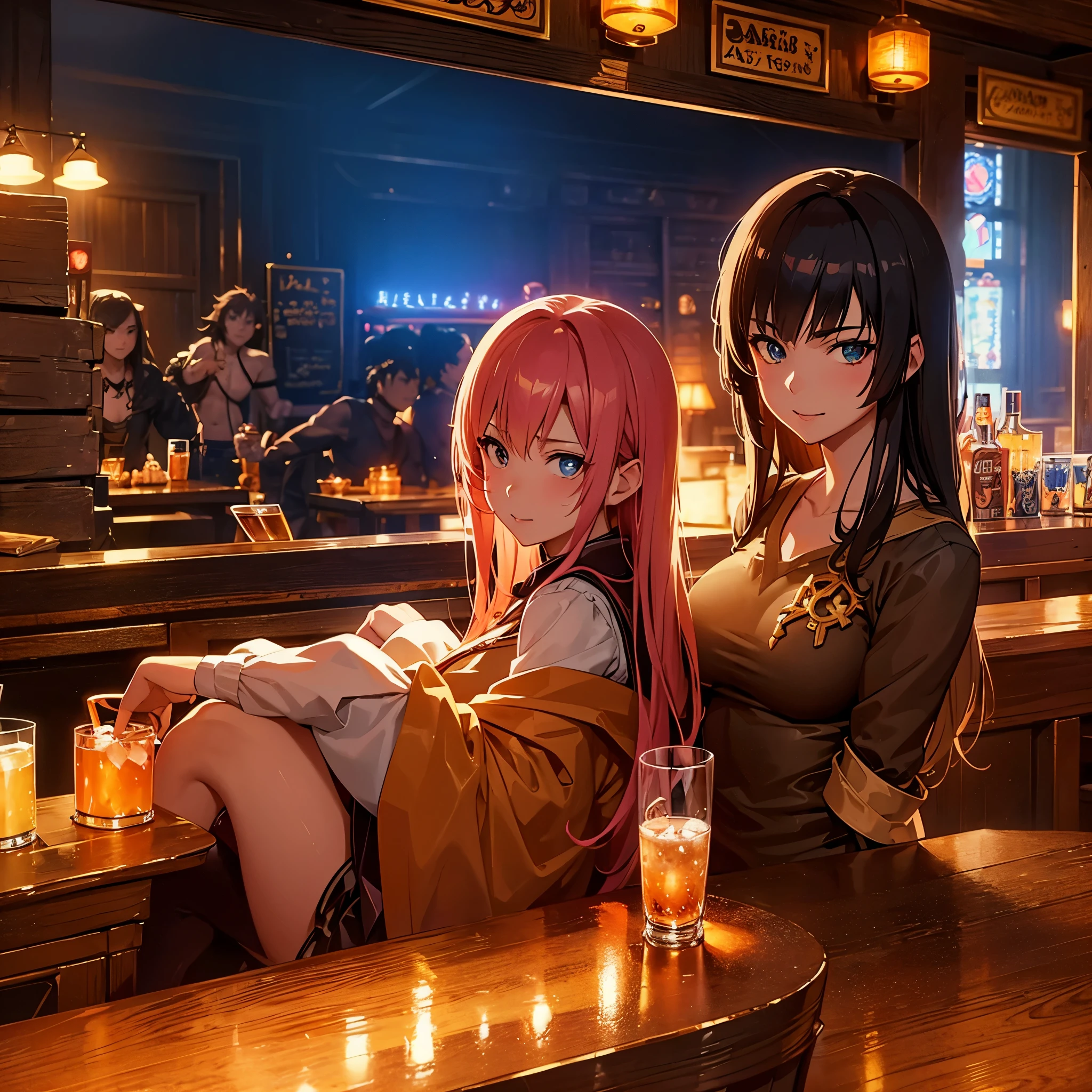 cyber cafe at night in the pouring rain table with spilled wine glass, Two Asian elf girls kissing, wearing lingerie, thong bikini, fishnet stockings, thigh high boots, tattoos