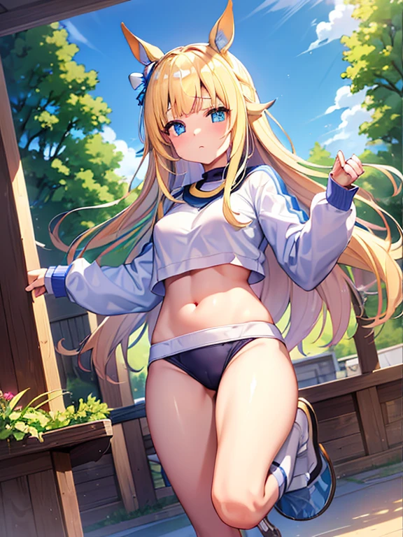 ((masterpiece))、highest quality、(Whole body wide angle)、Neo Universe(Umamusume)、(1 girl、solo)、(horse ears、Uma Musume)、beautiful blue eyes、No expression、(blonde long hair)、spread hair、((small breasts))、(((training wear)))、closed mouth、at the gym、Training Equipment