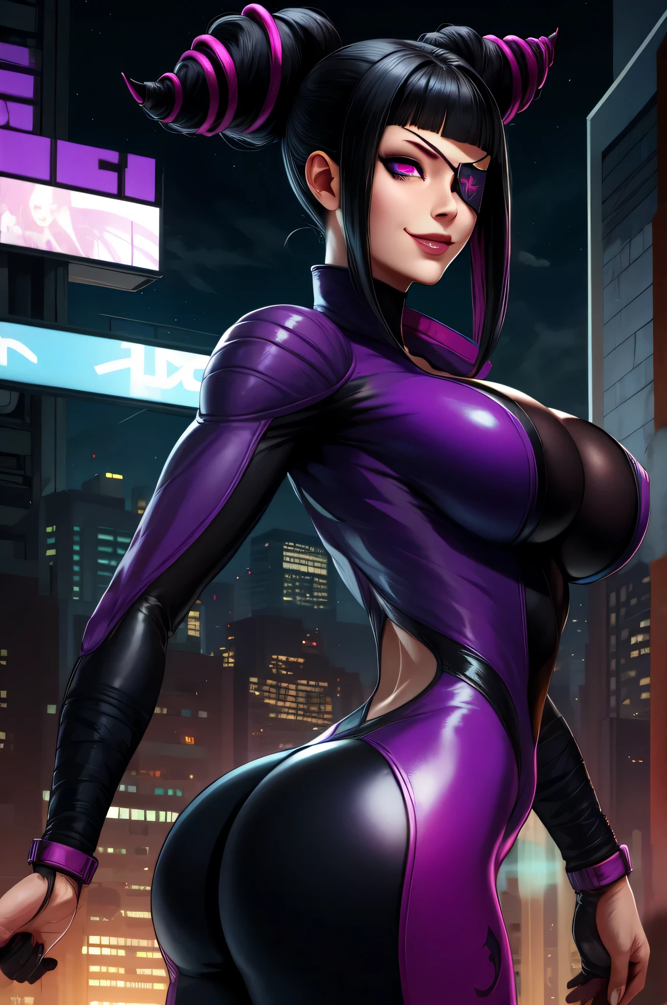 Juri , black hair,two-tone hair, hair horns, purple eyes, eyepatch,
bodysuit, clothing cutout,
standing, upper body, evil smile,
night club,
(insanely detailed, beautiful detailed face,beautiful detailed eyes, masterpiece, best quality) , solo, large breasts, huge breasts, big breasts, big ass, head in frame, huge ass