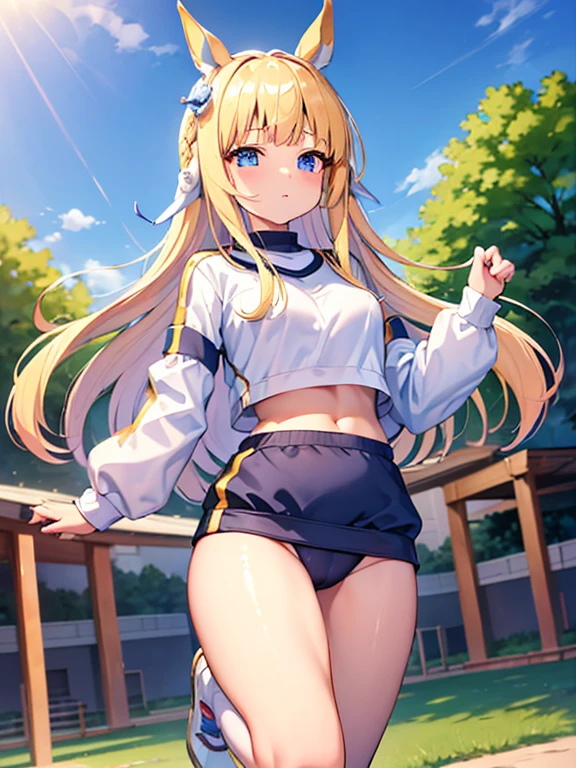 ((masterpiece))、highest quality、(Whole body wide angle)、Neo Universe(Umamusume)、(1 girl、solo)、(horse ears、Uma Musume)、beautiful blue eyes、No expression、(blonde long hair)、spread hair、((small breasts))、(((training wear)))、closed mouth、at the gym、Training Equipment
