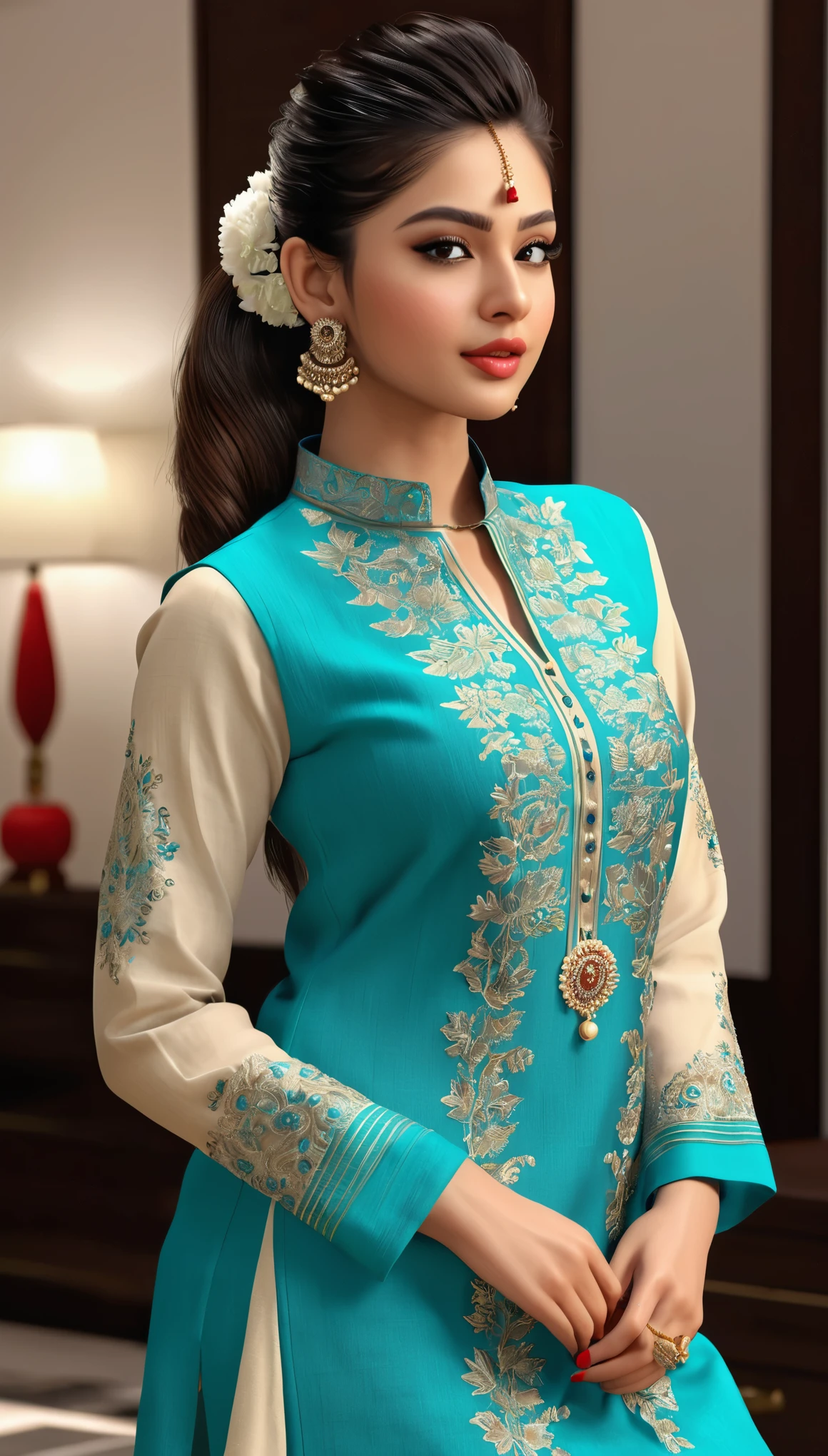 (A girl in luxury office), 1girl, solo girl, 20 year old girl, (((full body shot:1.5))), (Masterpiece:1.2), (hyperrealistic, hyperdetailed), (looking at viewers), sharpen, ultra realistic face, detailed face, detailed eyes, detailed lips, red lips, beautiful face, 16k, FHD, raw photo, pretty face mesh, intricate, extremely detailed, ultra realistic texture, smooth skin, realistic face, glow lip, very_high_resolution, perfect figure, fit body, beautiful ponytail hair style, fancy hair ornaments, (attractive perky breast, perky breasts, perfect rounded breasts, long areola, cleavage), (attractive body figure), (fancy high heel), ((embroidery fancy kurta), (embroidery kurta), embroidery luxury kurta, fancy kurta, skinny sleeves, fancy leggings).