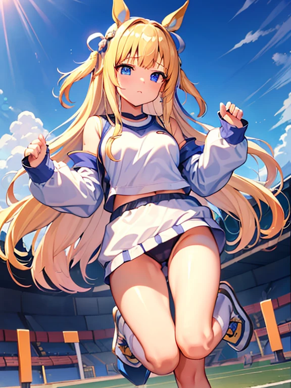 ((masterpiece))、highest quality、(Whole body wide angle)、Neo Universe(Umamusume)、(1 girl、solo)、(horse ears、Uma Musume)、beautiful blue eyes、No expression、(blonde long hair)、spread hair、((small breasts))、(((training wear)))、closed mouth、at the gym、Training Equipment