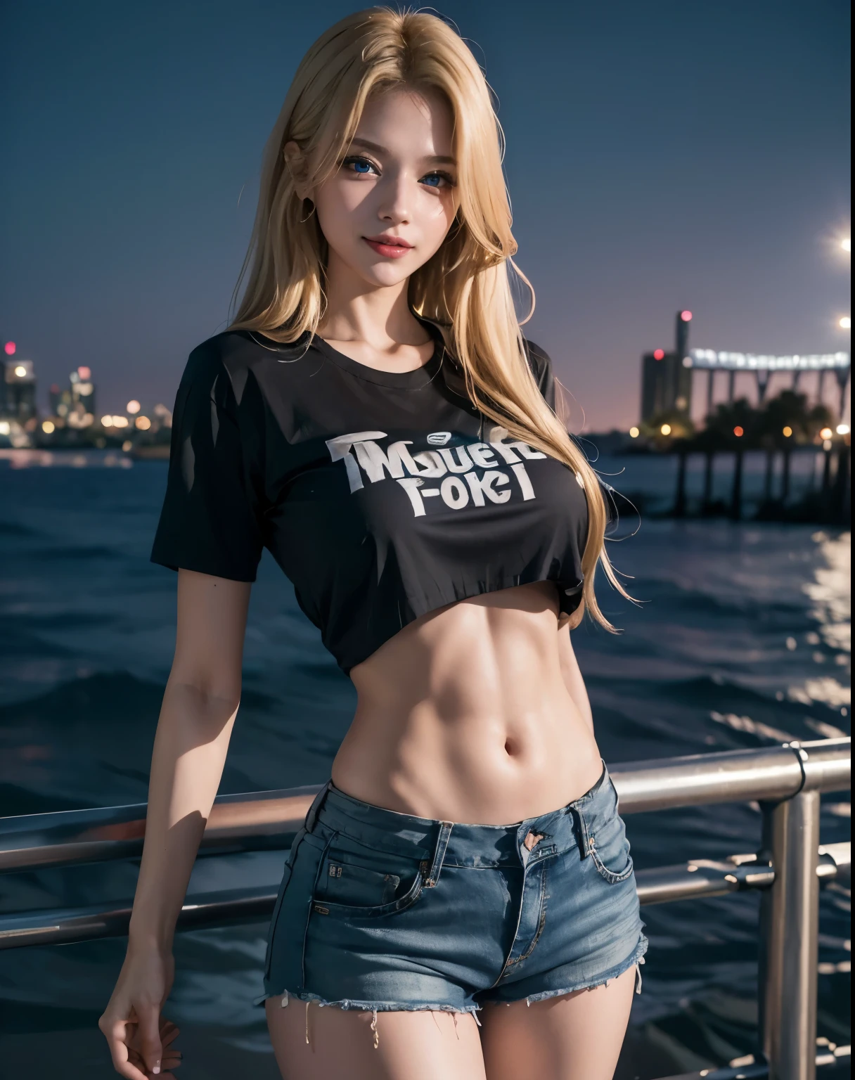 1girl, (Blue Eyes), (smiling :1.2), (Sana Minatozaki), (beautiful makeup :1.2), wide hips, thin waist, Big tits, big ass, toned legs, (Best Quality, 8k, Masterpiece: 1.3), Clear Focus: 1.2, Perfect Body Beauty: 1.4, strong abs, Highly detailed face and skin texture, detailed eyes, double eyelids, red lips, (blond long hair :1.2), black t-shirt, denim shorts, cutoffs, standing, on a beach at night, city at night in the background, light bulbs in the background, deep on field