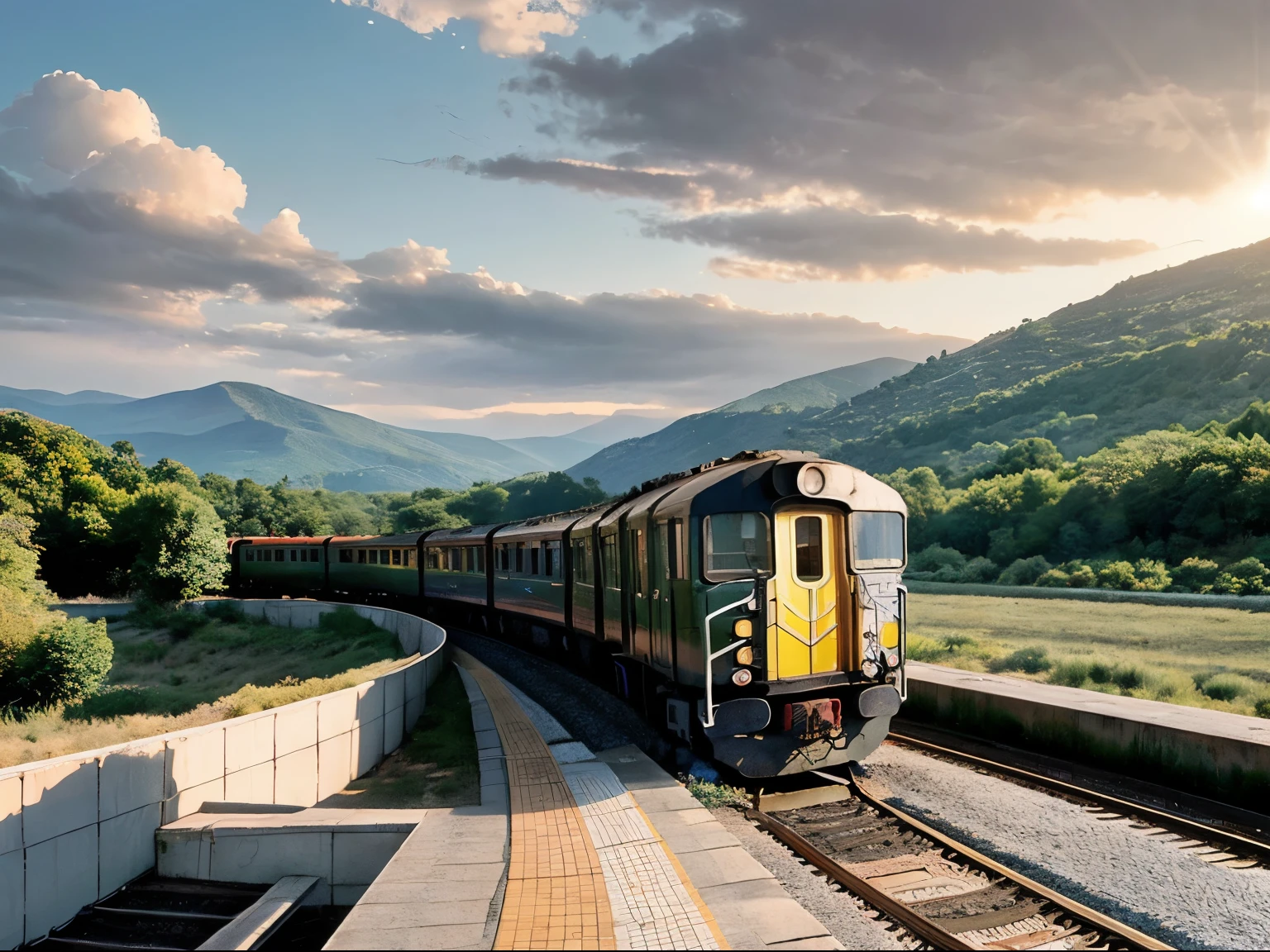 Para la portada de "El Misterio del Tren Dirigido por la Gracia Divina", A suggestive image could be the following:

The image shows a picturesque rural landscape with the train station in the foreground. The morning sun illuminates the sky and the scattered clouds turn golden and pink tones. En el centro de la escena, el tren misterioso descansa en la plataforma, rodeado de una aura de misterio y divinidad. Las puertas del tren se abren, invitando al espectador a adentrarse en esta historia de fe y misterio. En el fondo, se vislumbra una iglesia antigua, symbolizing the connection between faith and the journey on the train directed by divine grace.

This image evokes the sense of wonder and curiosity that readers may experience as they embark on this unique story.. The combination of the rural environment, The train station and the celestial light suggest a spiritual journey full of mystery and wonder, that will capture the attention of readers from the first moment.
