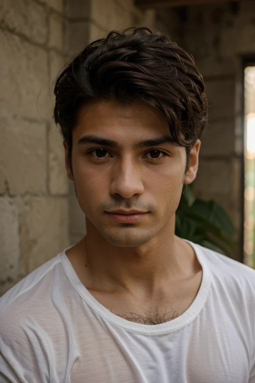 chico pelinegro, fair-haired, de ojos grises, alto, delgado. Realista, of 18 years, hombre
