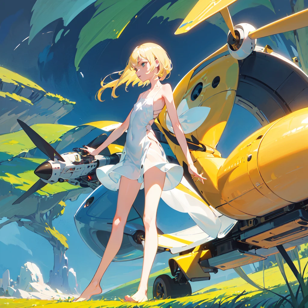 (An exquisite slender girl with a perfect face and blond hair in a light summer light sundress on a naked body barefoot) rushes (((on a small fantastic futuristic aircraft (without wheels)))), SIDE VIEW, in profile, summer, Wind, wound, Sun, meadows and fields, forests, on another planet
