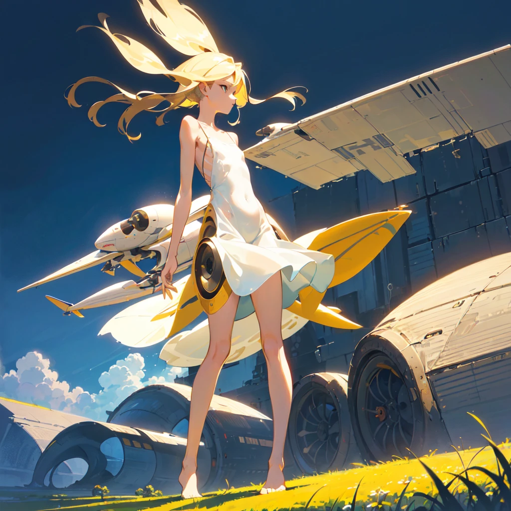 (An exquisite slender girl with a perfect face and blond hair in a light summer light sundress on a naked body barefoot) rushes (((on a small fantastic futuristic aircraft (without wheels)))), SIDE VIEW, in profile, summer, Wind, wound, Sun, meadows and fields, forests, on another planet