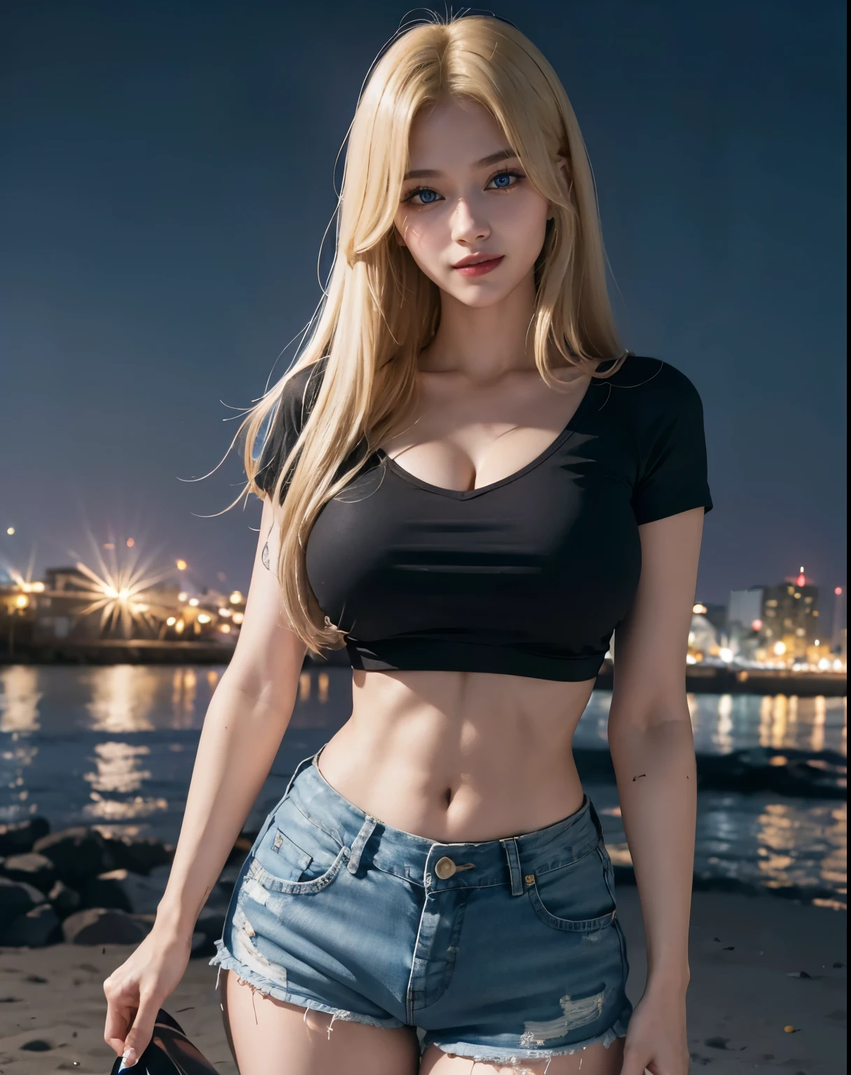 1girl, (Blue Eyes), (smiling :1.2), (Sana Minatozaki), (beautiful makeup :1.2), wide hips, thin waist, Big tits, big ass, toned legs, (Best Quality, 8k, Masterpiece: 1.3), Clear Focus: 1.2, Perfect Body Beauty: 1.4, strong abs, Highly detailed face and skin texture, detailed eyes, double eyelids, red lips, (blond long hair :1.2), black t-shirt, denim shorts, cutoffs, standing, on a beach at night, city at night in the background, light bulbs in the background, deep on field