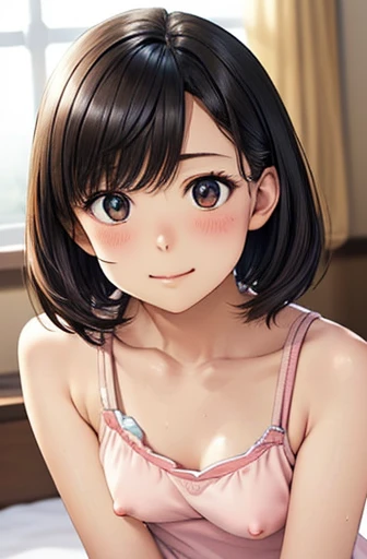 ((table top、High resolution、masterpiece、 highest quality, High resolution, nffsw, perfect pixel, 4k, nffsw, nffsw))), 1 female, Beautiful woman、 ((straight short hair, bangs, brown hair)), ((brown eyes, beautiful eyelashes, realistic eyes)), ((detailed face, blush:1.2)), ((smooth texture:0.75, realistic texture:0.65, realistic:1.1, Anime CG style)), very small breasts 1.5, ((Flat chest 2.0)), sit on a luxurious bed、dark room 、とてもembarrassingパニック笑顔、(open your legs)、Angle 1 from the front.5、camel toe, Narrow Eye 1.5、droopy eyes、(((erect nipples 0.9)))、 body whole, embarrassing、Pastel Pink Camisole、Sweat