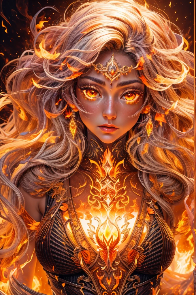 This (realistic fantasy) art contains embers, real flames, real heat, and realistic fire. Generate a masterpiece artwork of a  female fire druid with large (((orange and gold))) eyes. The fire druid is awe-inspiring with beautiful ((realistic fiery eyes)) alight with confidence and power. Her features are elegant and well defined, with ((soft)) and (((puffy))) and (((smooth))) lips, elven bone structure, and realistic shading. Her eyes are important and should be the focal point of this artwork, with ((extremely realistic details, macro details, and shimmer.)) She is wearing a billowing and glittering gown ((made of realistic flames)) and jewels that glimmer in the fire light. Wisps of fire and smoke line the intricate bodice of the dress. Include bumps, stones, fiery iridescence, glowing embers, silk and satin and leather, an interesting background, and heavy fantasy elements. Camera: Utilize dynamic composition techniques to enhance the realistic flames.