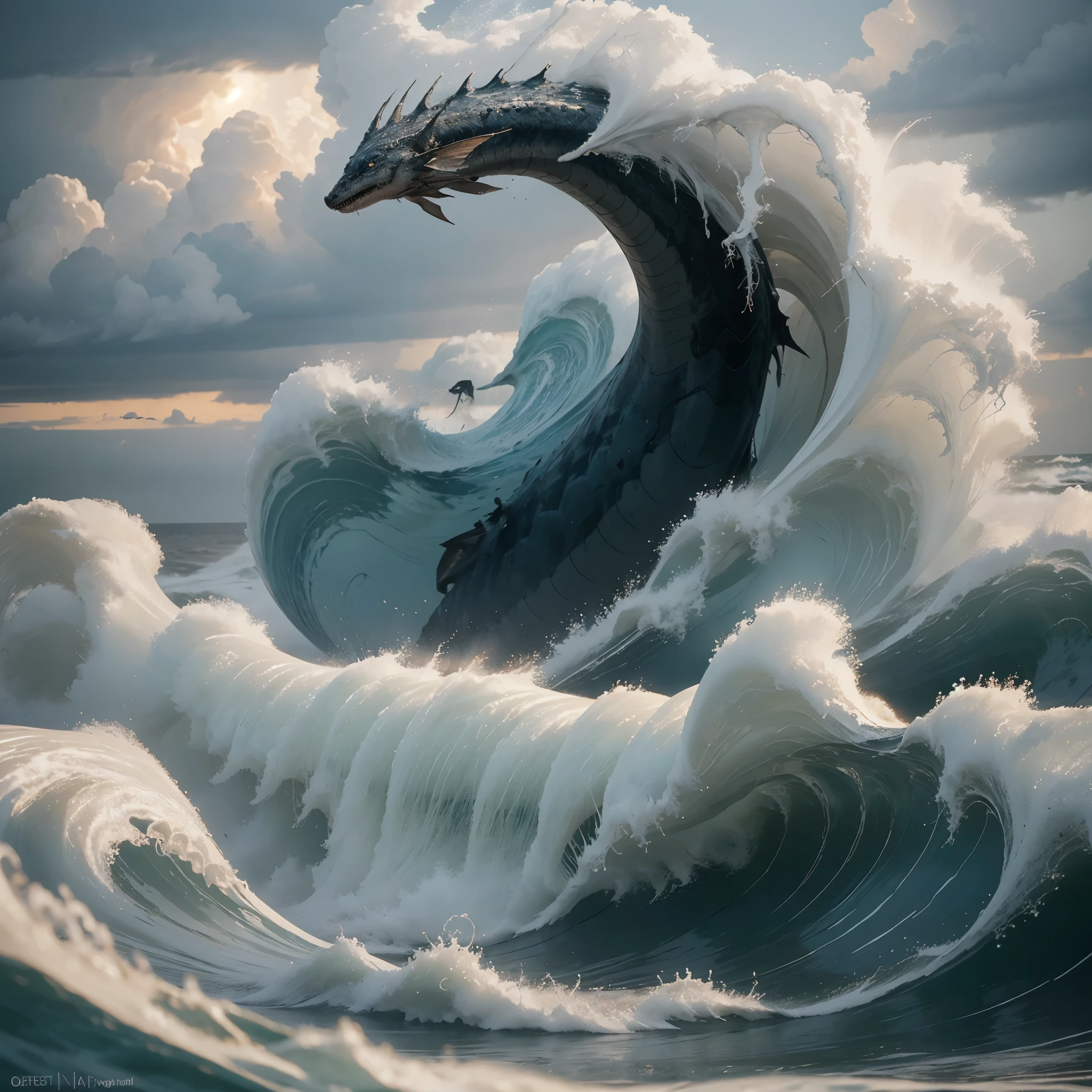 (a)sea dragon emerging from the ocean,17th century sailing ship,storm,black clouds,lightnings (b)big waves,realistic 4k,ultra-detailed,photography,dark,ominous lighting (c)turbulent sea,dragonscales,shiny textures,majestic creature,fierce expression (d)detailed ship sails,cannon ports,wooden hull,vulnerable crew,maneuvering in the storm (e)dramatic perspective,high waves crashing against the ship,water splashing,threatening atmosphere k