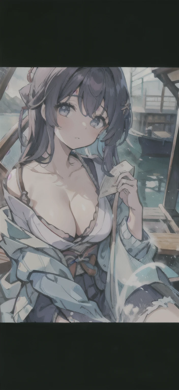 arafed asian woman sitting on a boat with a blue sweater, sexy girl, japanese model, japanese goddess, open shirt, cardigan, open v chest clothes, Yoshitomo Nara, revealing clothes, cleavage, sakimichan, generous cleavage open jacket, asian girl, japanese, breasts covered and sfw, blue sweater