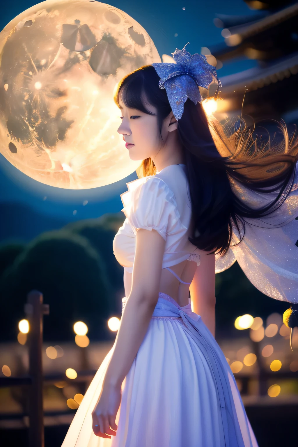 (great masterpiece、highest quality、High level image quality)、(perfect japan、Idol、Good atmosphere)、1 girl、(perfect beauty)、(joy of loving),(perfect anatomy),(To live)、(Beautiful half moon,near the sky、performer、spiritual)、works of art、((A fairy tale made by the moon))、Tsukuyomison、heavenly garment