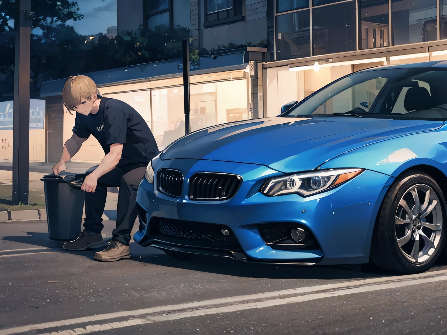 man washing a car by hand at night 4k
