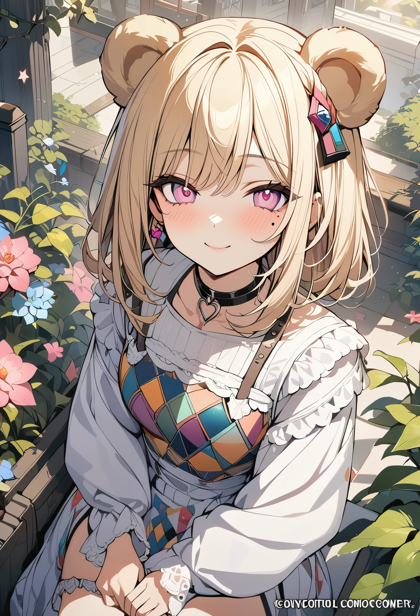 1 girl, blonde bob hair, heart shaped eyes, bear ears,whole body, {girl with blonde bob hair named nao}, (Pink eye color), (smile), bright background , mole under eye, Star-shaped choker, (masterpiece, highest quality), very detailed, highest quality, official art, beautiful and aesthetic: 1.2), (1 girl), very detailed, (geometry art: 1.3), colorful, most detailed ,(garden,beautiful flower々), (masterpiece, highest quality), official art, beautiful and aesthetic: 1.2), (1 girl), very detailed, (geometry art: 1.3), colorful