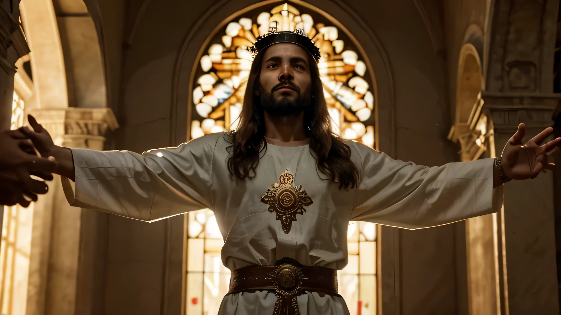 Develop a high-resolution digital representation of Jesus Christ, a central figure in the Christian religion and a source of inspiration for millions around the world. Use advanced artificial intelligence techniques to create an image that captures the essence of Jesus, transmitindo sua sabedoria, compassion and spiritual power. Incorporate iconic elements of Christian iconography, like a long tunic, the crown of thorns and hands outstretched in a gesture of benevolence. Adicione detalhes expressivos ao rosto de Jesus, conveying serenity and compassion to observers. Garanta que a imagem final seja de alta qualidade, com cores profundas e ricas, and a feeling of divine luminosity, providing an inspiring and moving visual experience for those who behold it."