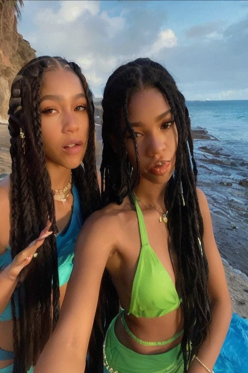 two women in bikinis posing for a photo on the beach, salgueiro smith zendaya, box Braids, long black Braids, black hair in Braids, long Braids, com pele morena, long black braided hair, pele escura, Braids, pigtail Braids, beautiful Gemini twins, two blue Braids, twisted Braids, two long Braids blue, long black braided hair