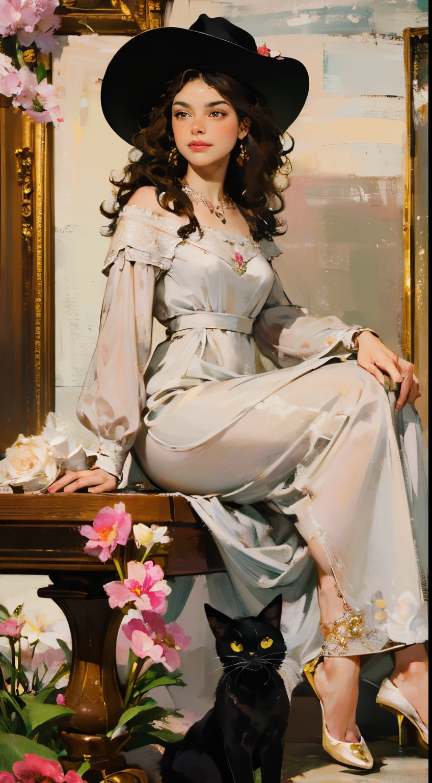 (Masterpiece, Best quality: 1.3), high resolution, official style, \(style\) 1820s, full body, oil painting, ((mature woman)) (hair (curly black), brown cat-shaped eyes), white skin with freckles, beautiful pink hat with flowers, beautiful period dress with flower embroidery and details , ((beautiful diamond necklace)), elegant bearing, beautiful landscape background of a tulip garden