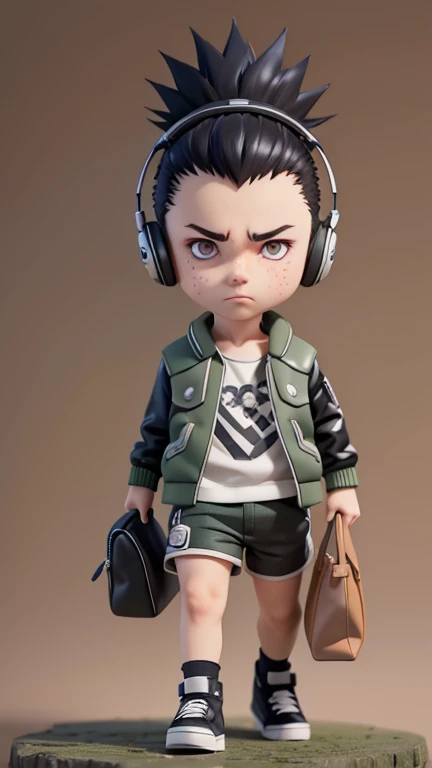 masterpiece, best quality, 8k, cinematic light, ultra high res, chibi, 1boy, shorts, black hair, headphones, bag, spiked hair, green jacket, shoes, brown eyeull body:1.2), freckles, standing,