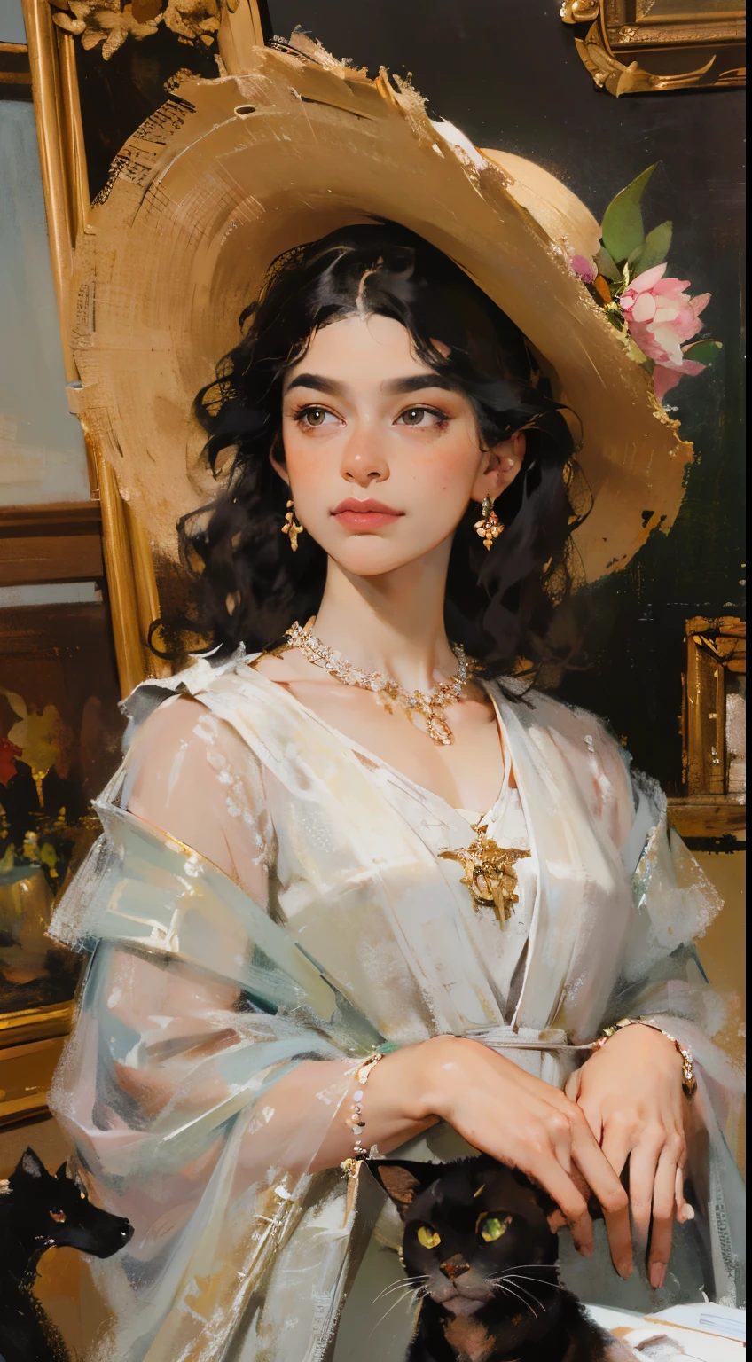 (Masterpiece, Best quality: 1.3), high resolution, official style, \(style\) 1820s, portrait position, beautiful portrait art, oil painting, (curly black hair, brown cat-shaped eyes), white skin with freckles, beautiful pink flower hat, beautiful period dress with flower embroidery and details , ((beautiful diamond necklace)), elegant bearing, beautiful landscape background of a tulip garden