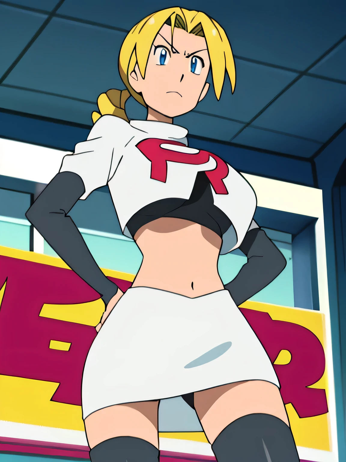 8k, masterpiece,highres,very large breast, team rocket uniform, red letter r, white skirt,white crop top,black thigh-high boots, black elbow gloves, glaring angrily, looking down at viewer, hands on hips, cowboy shot, zettai ryouiki,from below, black panties,anime style, vivid colors, sharp focus, intense lighting,mayor maybelle