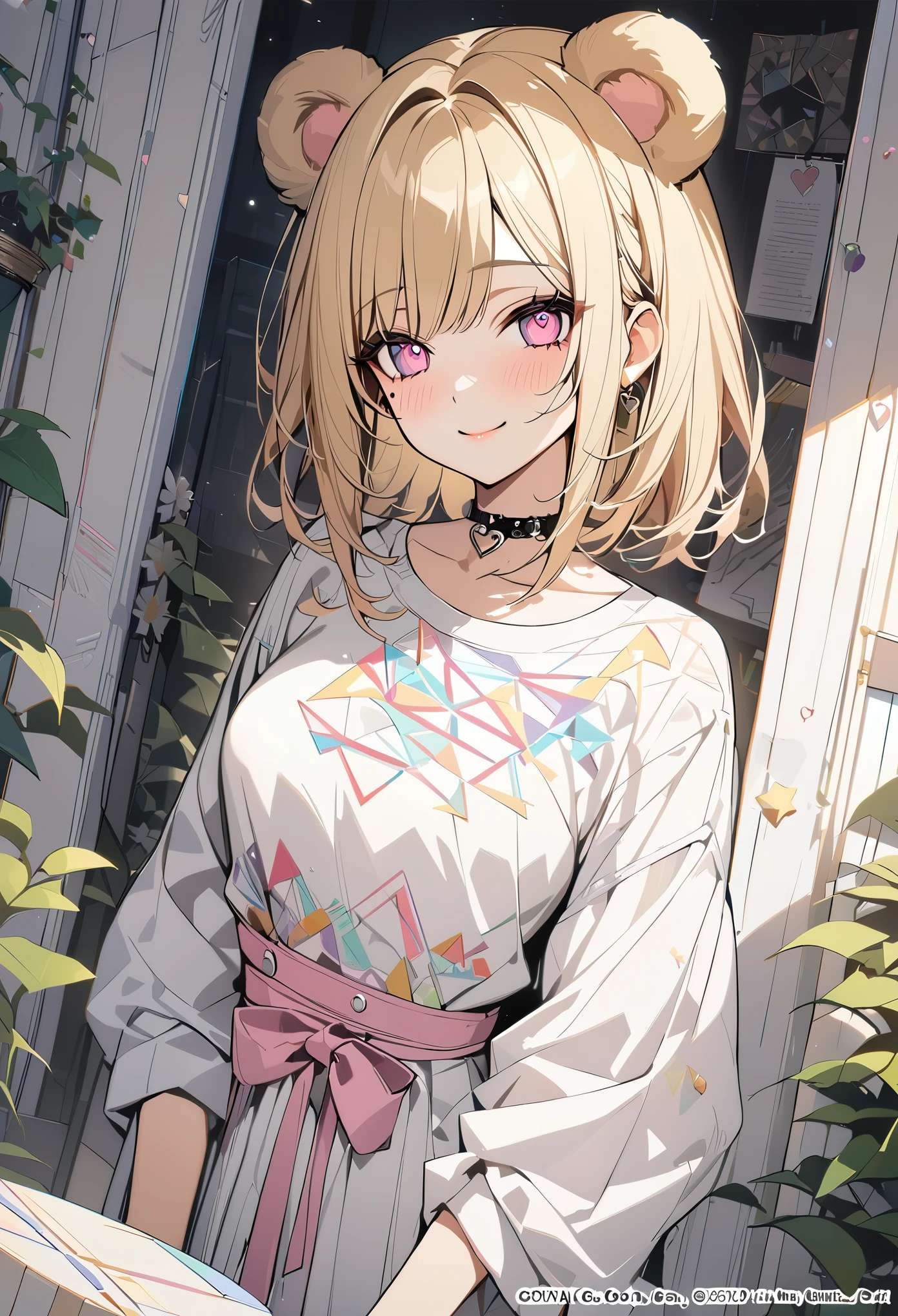 1 girl, blonde bob hair, heart shaped eyes, bear ears,whole body, {girl with blonde bob hair named nao}, (Pink eye color), (smile), bright background , mole under eye, Star-shaped choker, (masterpiece, highest quality), very detailed, highest quality, official art, beautiful and aesthetic: 1.2), (1 girl), very detailed, (geometry art: 1.3), colorful, most detailed ,（garden,beautiful flower々）, (masterpiece, highest quality), official art, beautiful and aesthetic: 1.2), (1 girl), very detailed, (geometry art: 1.3), colorful