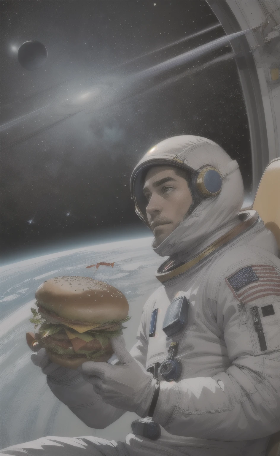 illustration style, desenho de ([astronauta]), in space holding a hamburger in his hand 