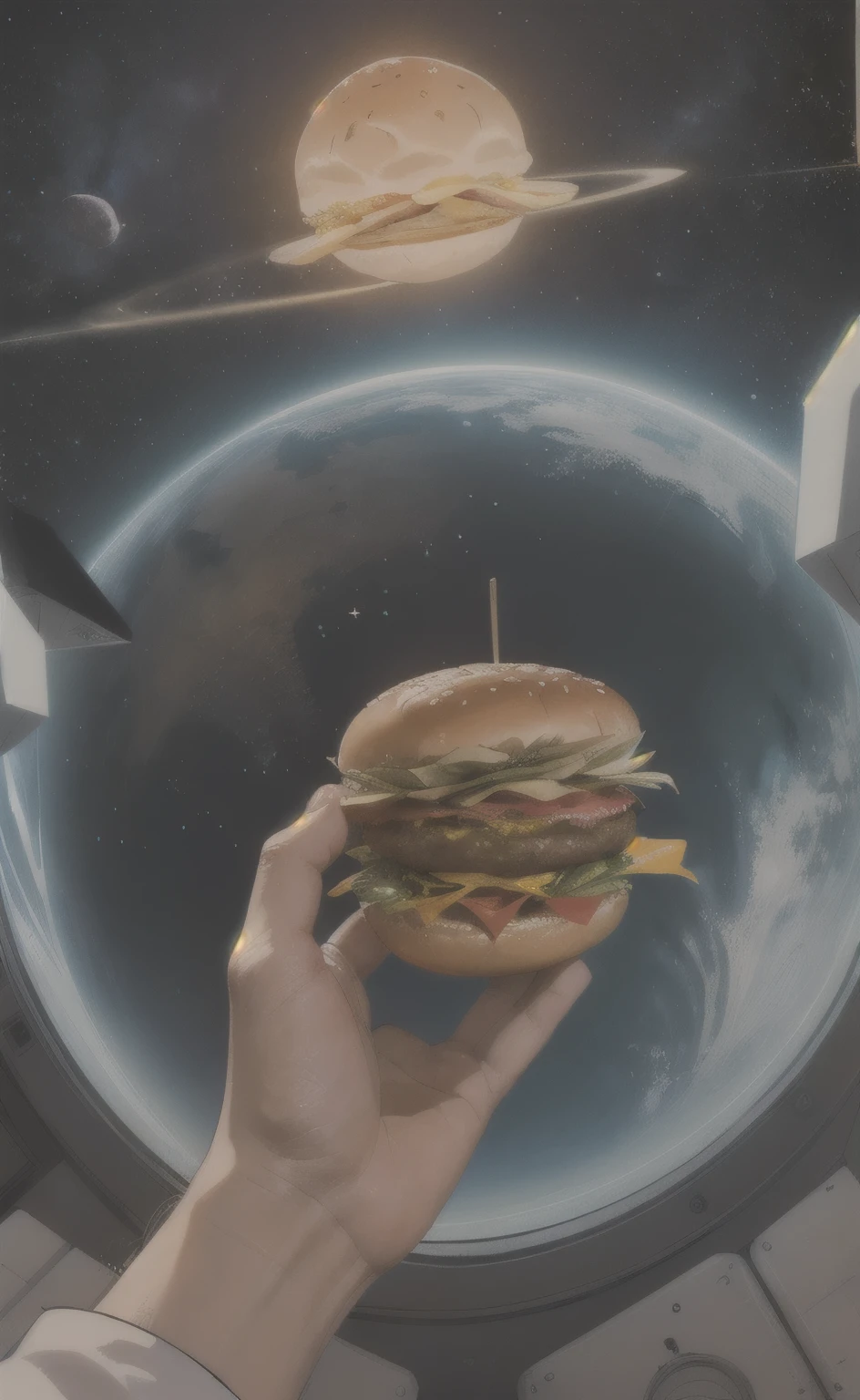 illustration style, desenho de ([astronauta]), in space holding a hamburger in his hand 
