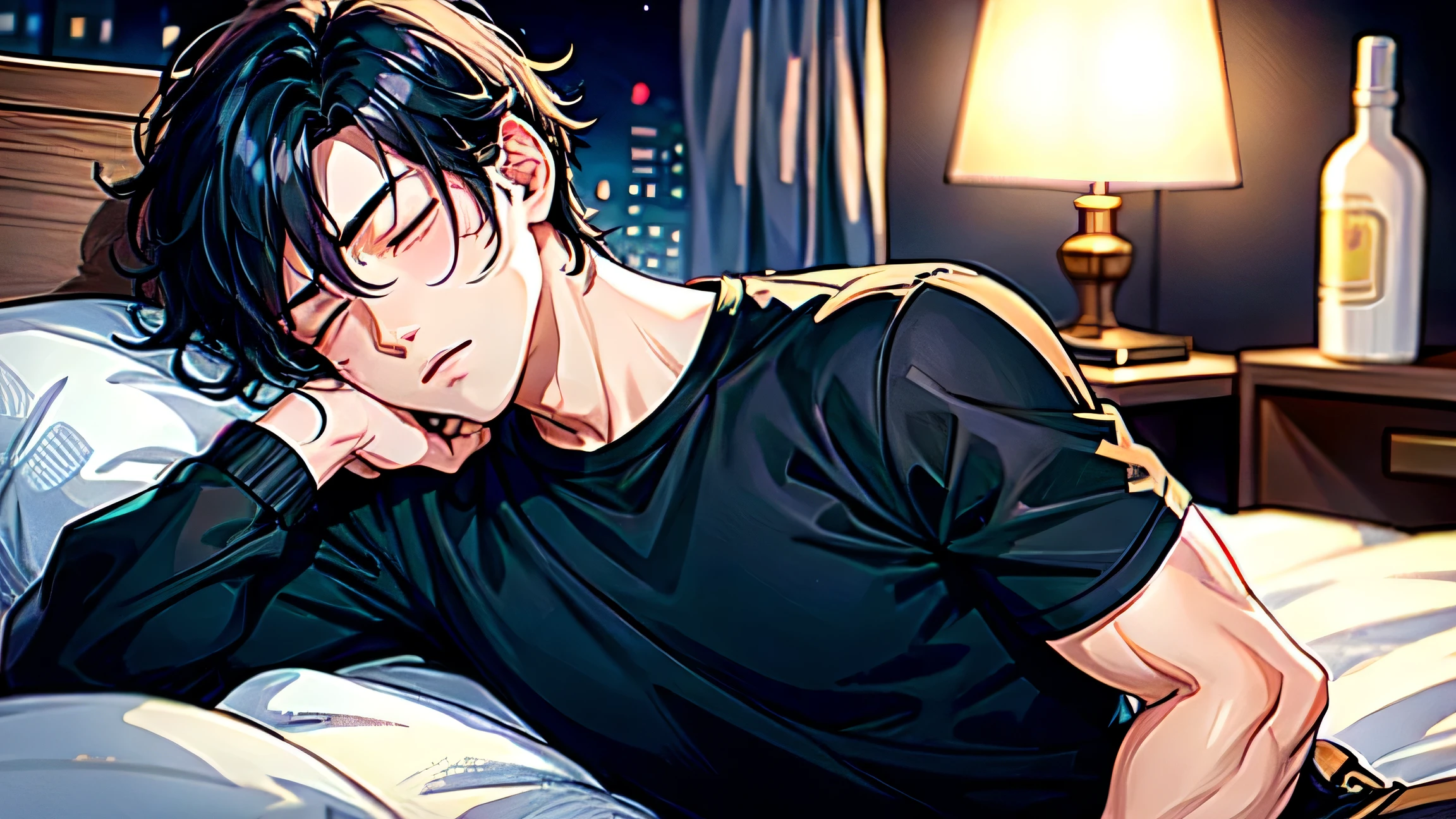 1 boy,black hair, (sketch:1.2), (night:1.4), city pop,Dozing off,High definition,inside the room,Handsome guy,sleeping face,muscle