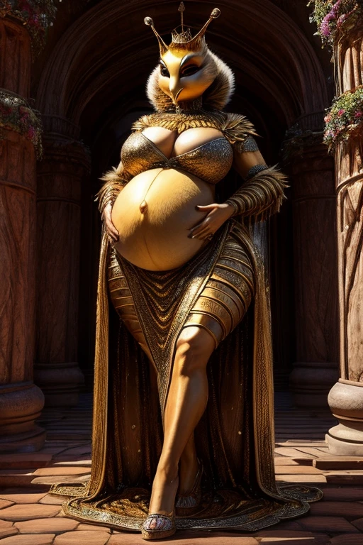 Attractive pregnant bee queen, huge pregnant belly, cleavage, huge hips, gown, hive