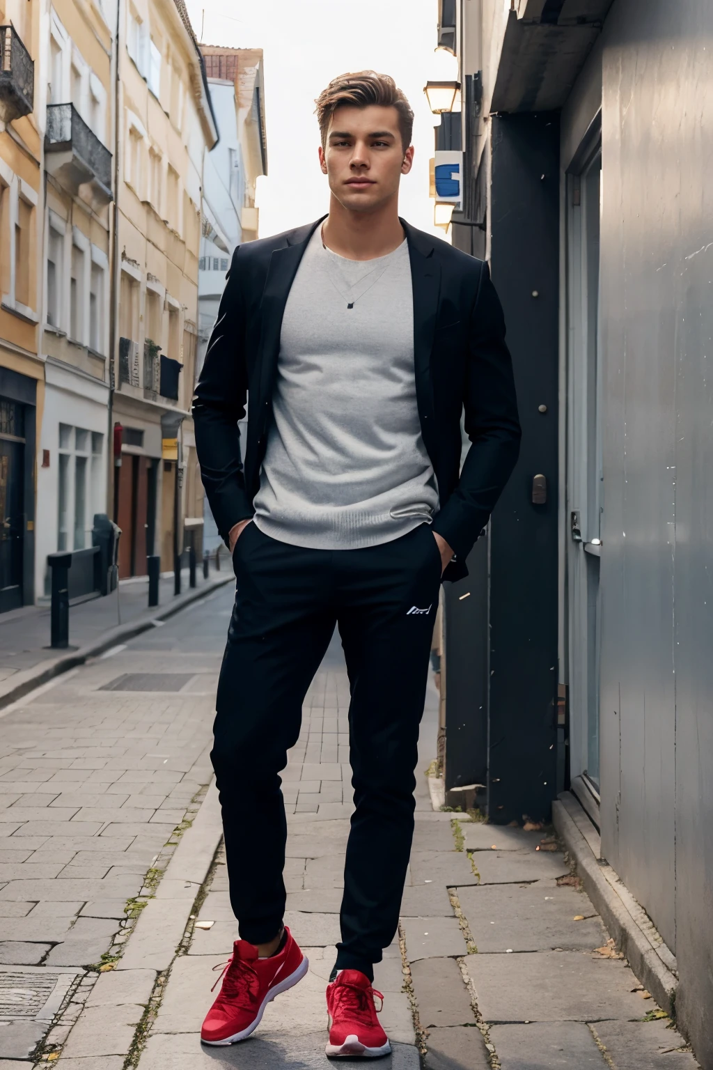 young handsome athletic man in stylish clothes standing on the street of a European city