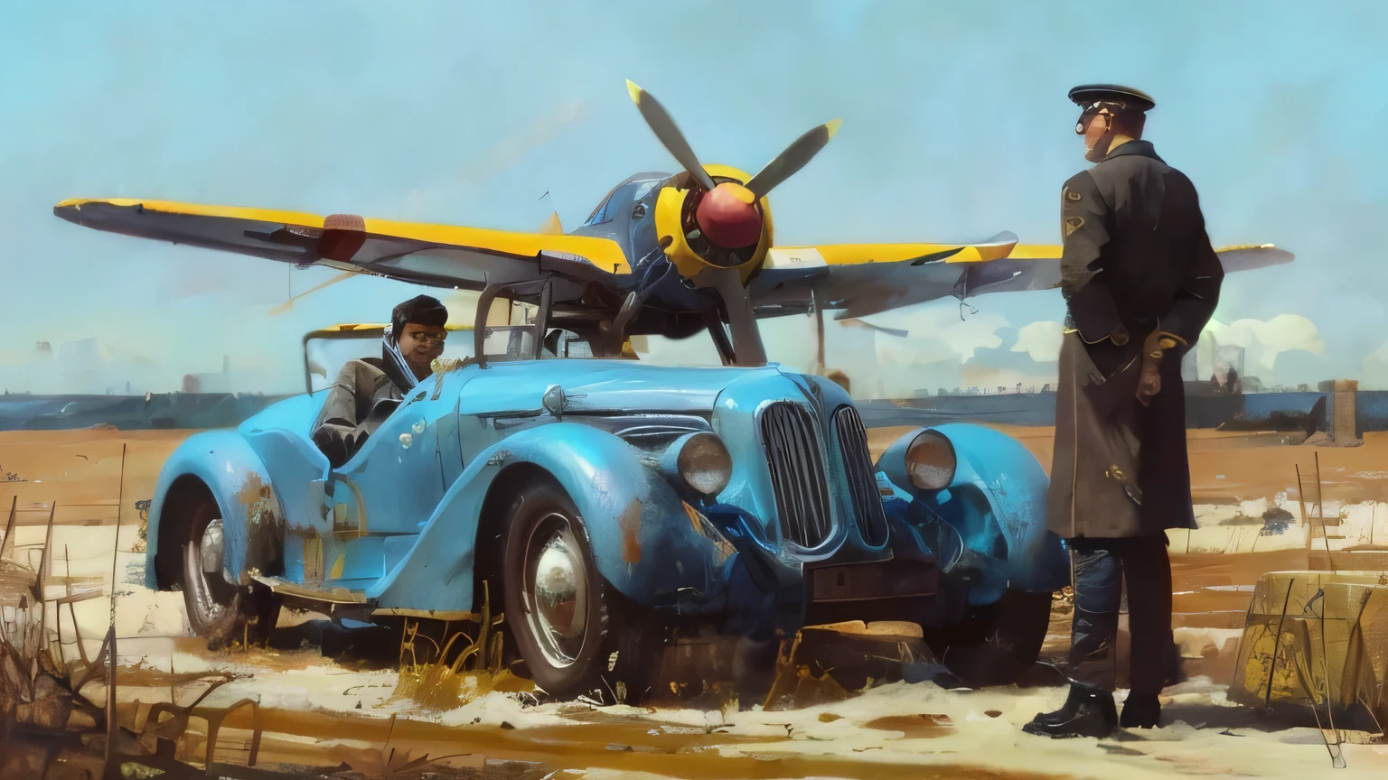 painting of a man standing next to a blue car with a yellow plane on top, dieselpunk art style, by Daniel Ljunggren, sergey kolesov, 4k highly detailed digital art, concept art | rhads, 4k art, octane cgsociety, wojtek fus, 4k detailed digital art, concept art 4k, concept art 4 k