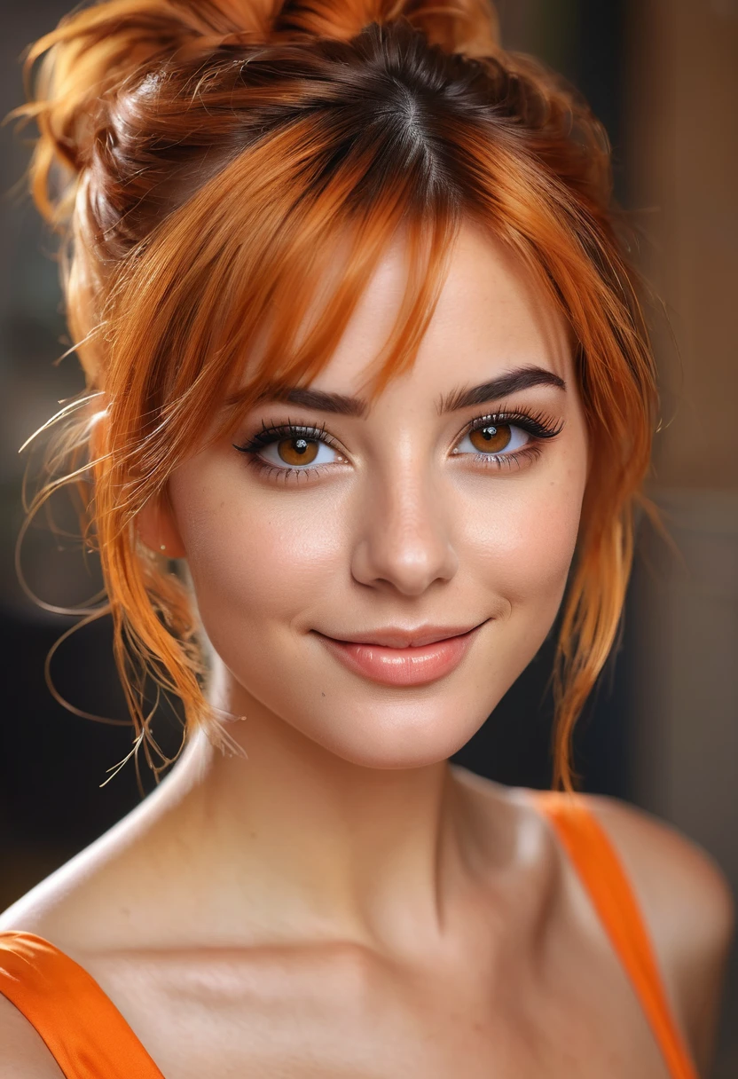 Beautiful and sexy European woman with light brown eyes, 25 years old, strong and vibrant short orange hair the girl is wearing a beautiful black dress, high heels, full subject shown in the photo, abstract light background, girl is in focus, blurred background, depth of field, sarcastic smile, girl is looking to the side, girl is not looking at the camera, complete subject appears in the photo, bare legs, no nudity, hair in a messy bun, light brown eyes, vibrant orange hair slim waist, very detailed, innocent face, face length 1.3 times the width of the face, almond-shaped eyes, square face shape, high cheekbones, naturally wavy hair, honey eyes, high resolution, artwork, best quality , intricate details, very detailed, sharp focus, detailed skin, realistic skin texture, texture, detailed eyes, professional, 4k, charming smile, shot with Canon, depth of field, Kodak Vision Colors, Perfectly fitted body, extremely detailed, photo_\ ( ultra \), photorealistic, realistic, post-processing, Maximum detail, roughness, Real life, ultrarealistic, photorealism, photography, 8K Ultra HD, photography