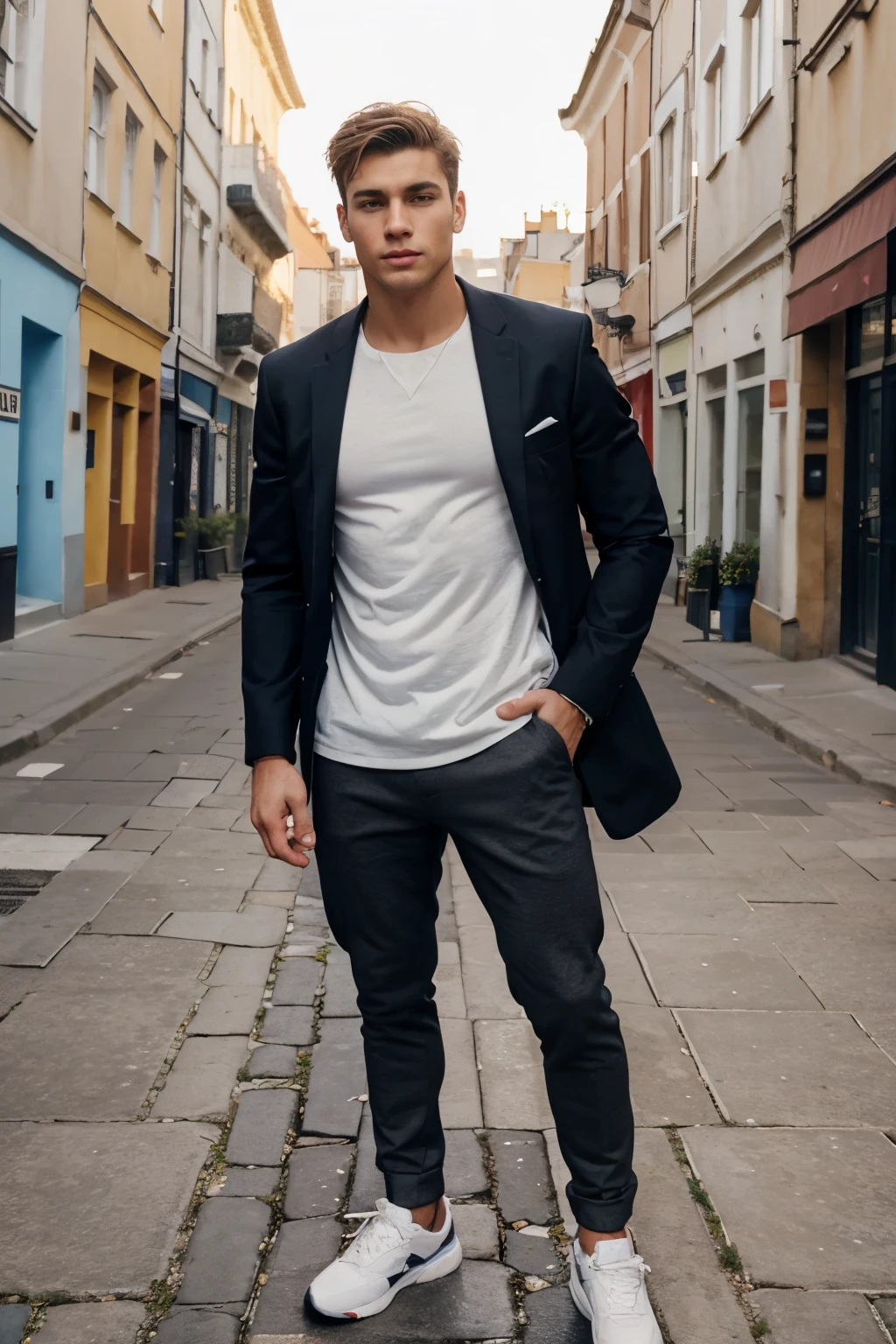 young handsome athletic man in stylish clothes standing on the street of a European city