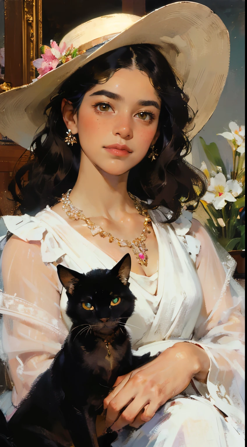 (Masterpiece, Best quality: 1.3), high resolution, official style, \(style\) 1820s, portrait position, beautiful portrait art, oil painting, (curly black hair, brown cat-shaped eyes), white skin with freckles, beautiful pink flower hat, beautiful period dress with flower embroidery and details , ((beautiful diamond necklace)), elegant bearing, beautiful landscape background of a tulip garden