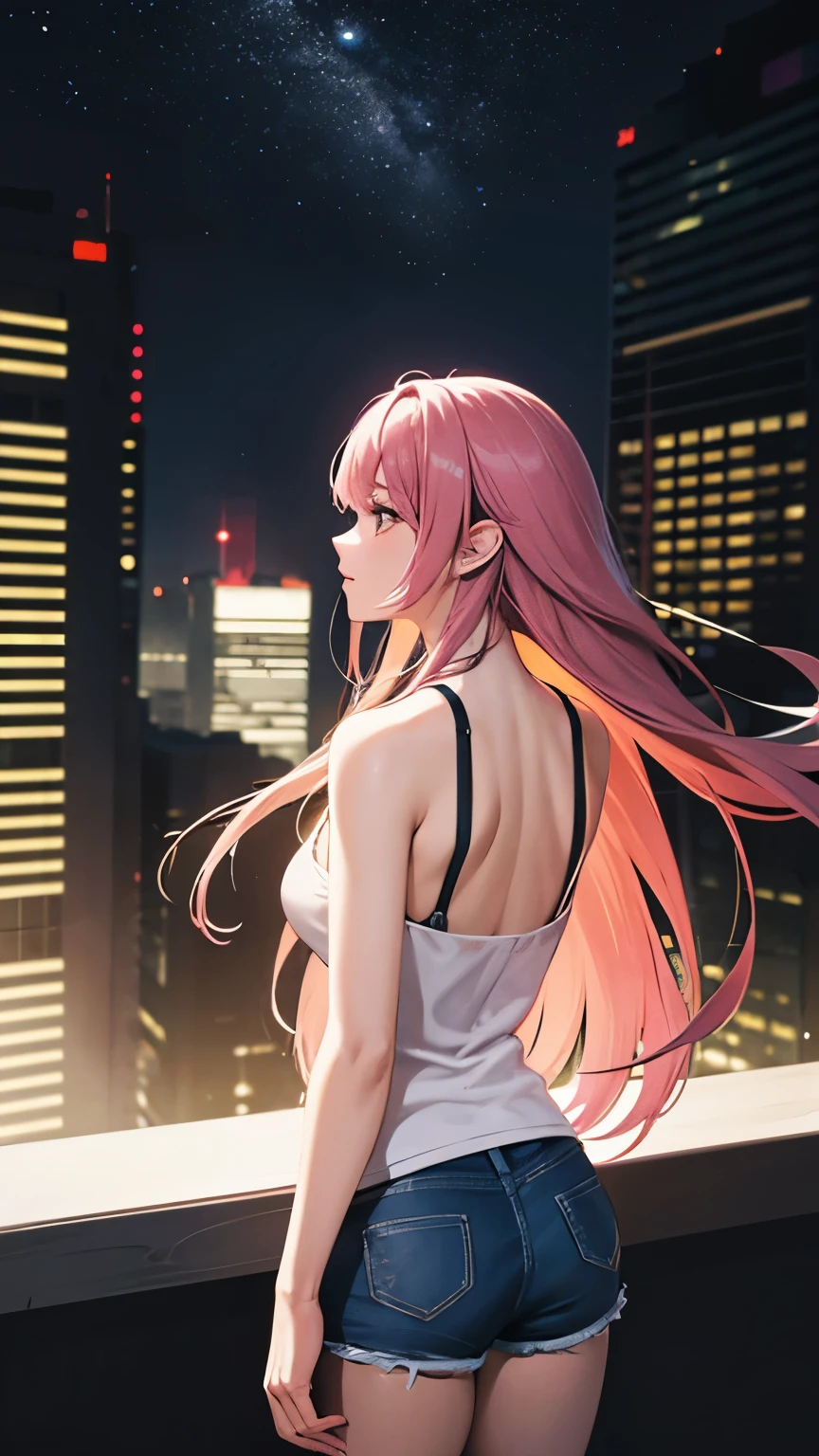 Beauty, headphones, pink hair, back view, back viewのBeauty, fluttering hair, back viewで立っている, long hair, Wearing a white tank top, In the city of the future of outer space, neon light,Futureな高層building,illuminated,Future,cityscape, Like a spaceship flying through the sky,Contains interplanetary components, Like extraterrestrial green algae, shooting star sauce. high tech,innovative atmosphere,scene, bustling street, Future, anime, 2D, soldier,whole body,full body,shorts,landscape,building,Looking down from a high place,Futureな街,Flying objects