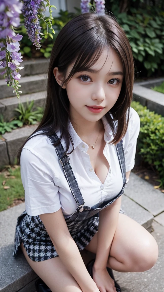 Top-quality Realistic,Unity,8k wallpaper,Official art,Highly detailed CG Unity 8k wallpaper,ultra-detailliert,hight resolution,Physically-based rendering,ultra detailliert,Magnificat,finely detail,masterpiece,Best Quality,ultra-detailliert ,ultra detailed,Mature beauty,Beautiful girl,1girl,moist lips,sexy lips,Sexy smile,Gentle smile, 18 years old, Beautiful bare skin,Smooth bare skin, big well-shaped breasts,beautiful cleavage, swept bangs,(medium hair:1.3), beautiful detailed eye model shoot style,Japanese Idol,beautiful girl,Half-body,Beautiful girl,Model photo shoot,standing position,(A natural park where wisteria flowers are blooming beautifully),BREAK,(Houndstooth overalls skirt with white shirt:1.3),BREAK,model pose,cute smile,standing model pose,by the wisteria flowers,shoot from above,sitting on stone steps and legs open, (hands on knees:1.3)