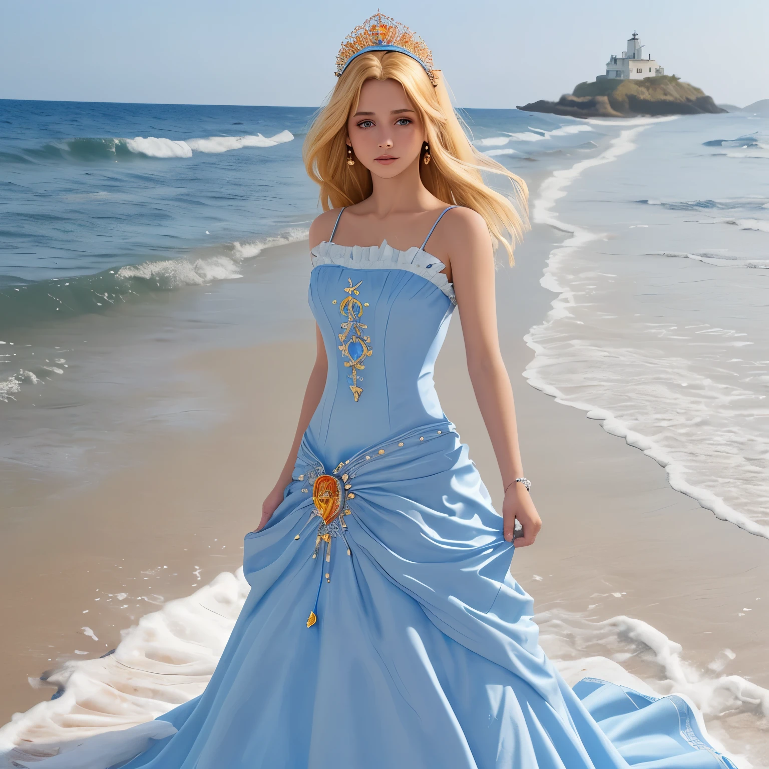 Princesa, 18 years, rubia, ojos azules, cabello largo y trenzado con caracoles de mar. Vestido banco. Corona de flores de oro. Caminando en una playa descalza y con un balde azul en la mano