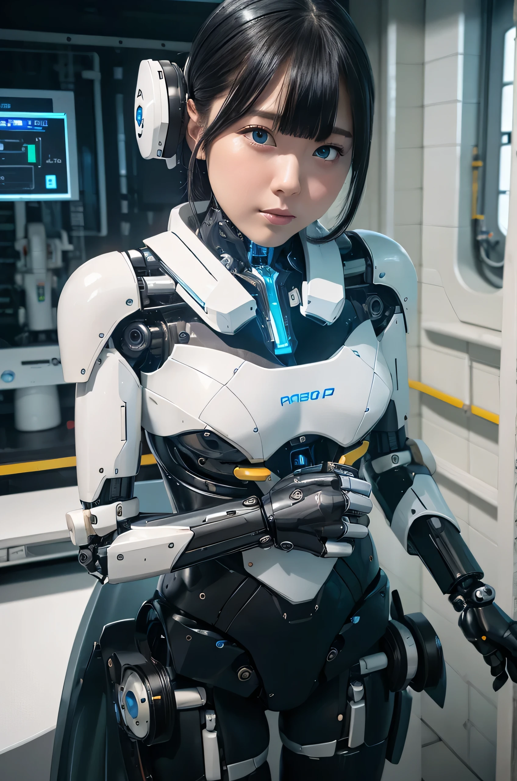 masterpiece, Best Quality, Extremely detailed, 8K Portrait,Japanese android girl,Plump ,control panels,android,Droid,Mechanical Hand, ,Robot arms and legs, Black hair,Mechanical body,Blunt bangs,White Robotics Parts,perfect robot woman,Charging spot,She is charging now,ceramic body ,Mechanical body, mechanical ear covers,android,robot humanoid,pantiy,Perfect machine body,White robot body,The laboratory of the future,android factory,mechanical ear covers,White and light blue uniform,light blue accent costume,darkblack tights,green eyes