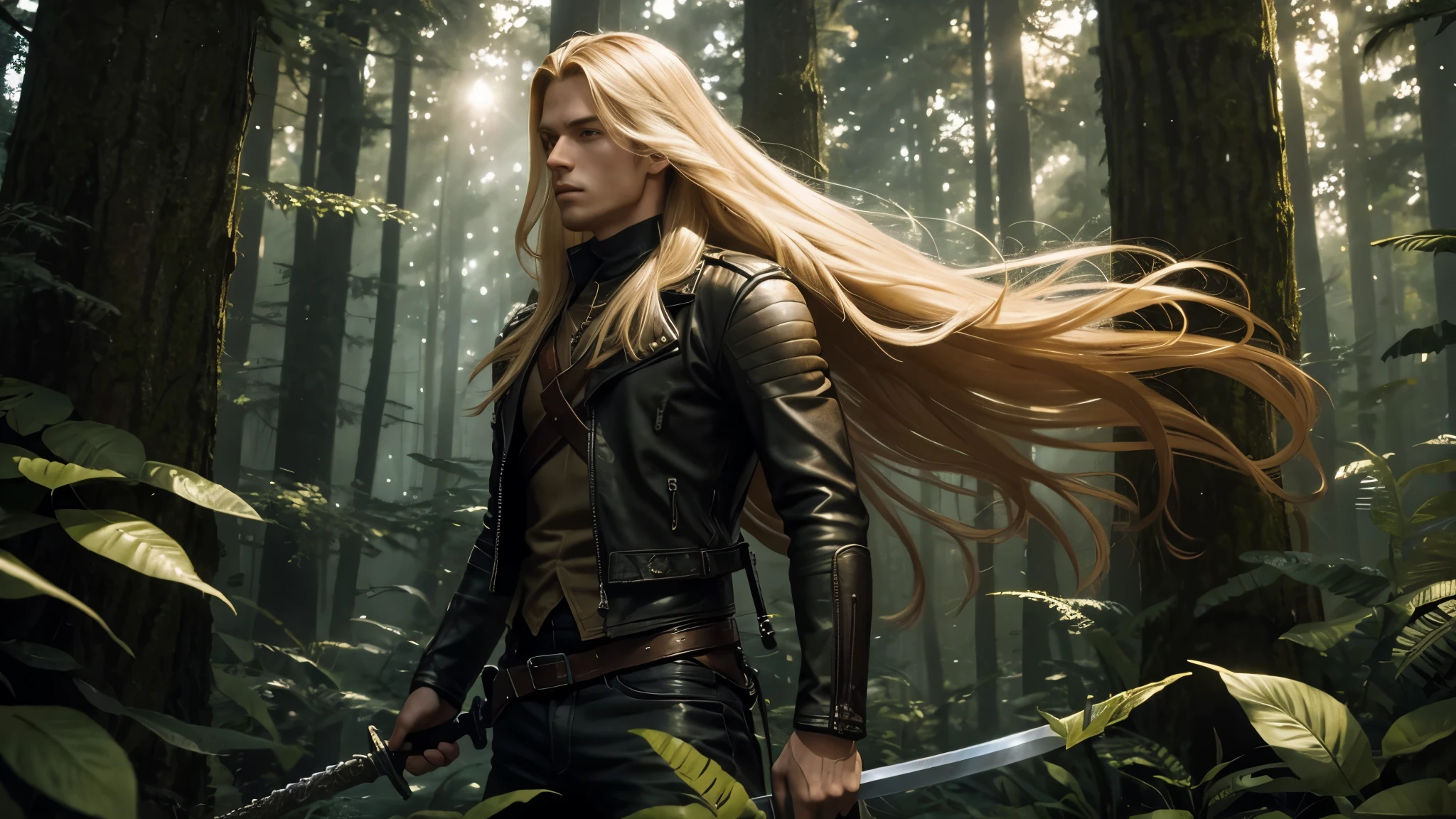 Image of a brave young adventurer with long blond hair in the wind, wearing a leather jacket and holding a gleaming sword. He is in a mysterious forest, with tall trees and long shadows, sunlight enters through the leaves creating a magical environment. Realistic illustration, fantasy, picture should look like an oil painting, vibrant colors and sense of movement, closeup, front character, full body