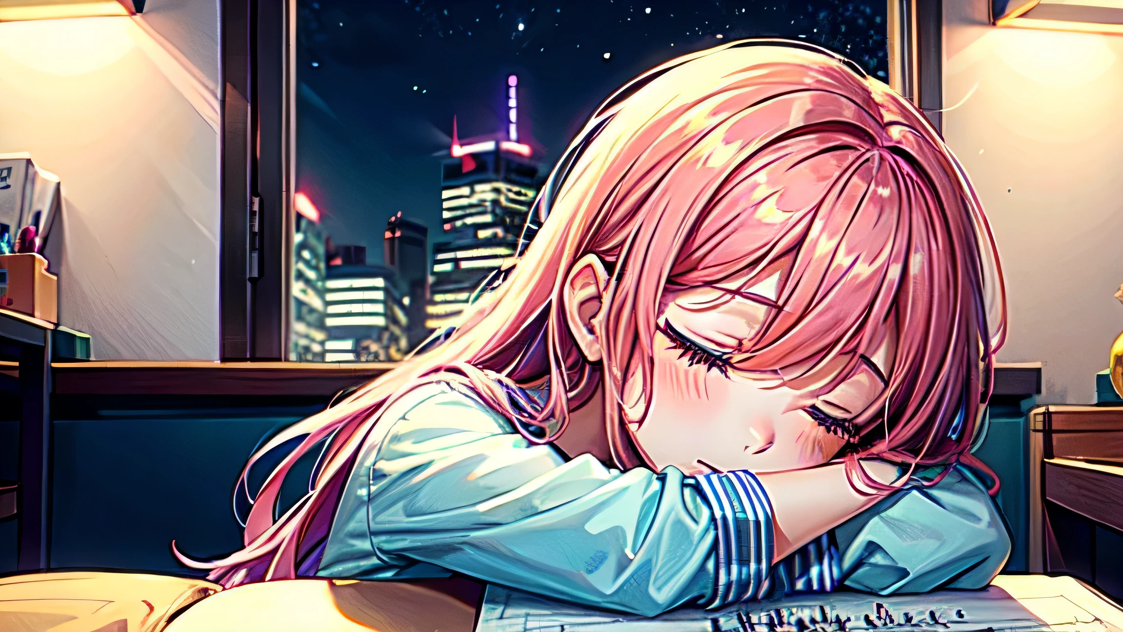 1 girl,pink hair, (sketch:1.2),High definition, (midnight:1.4),city pop,Dozing off,inside the room,sleeping face