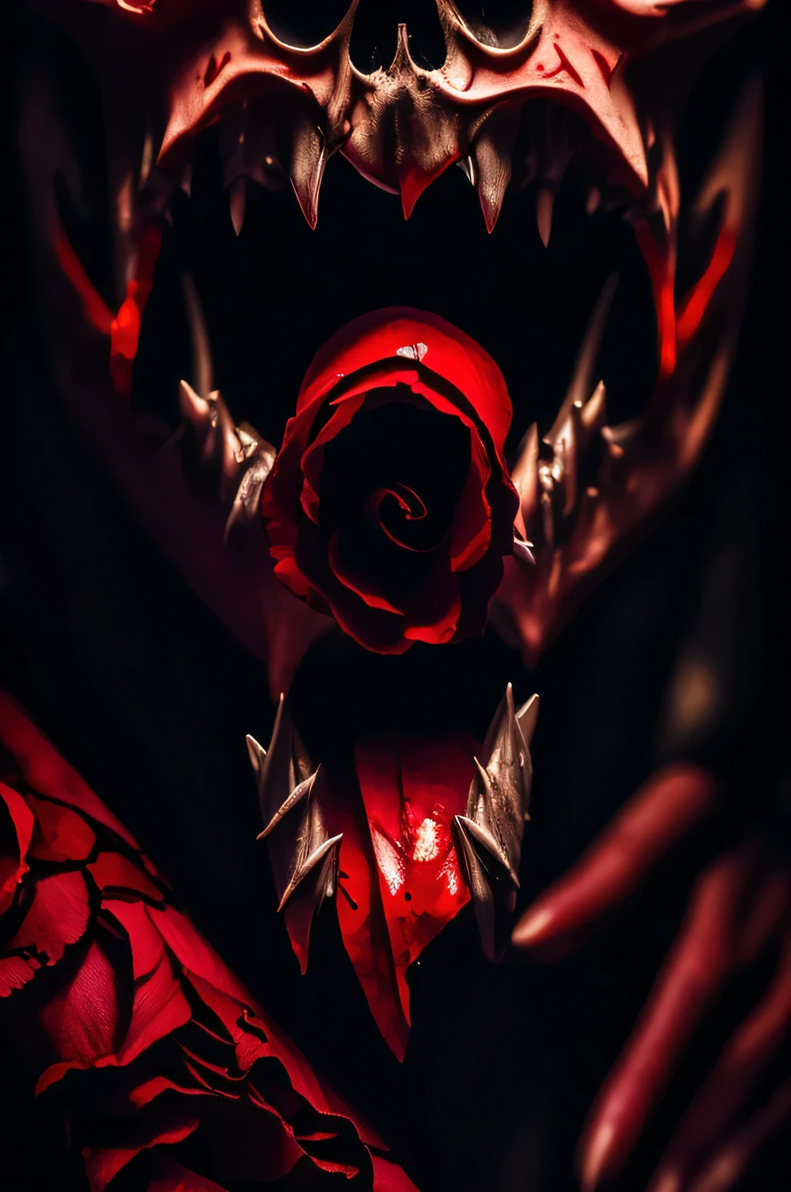 (masterpiece, best quality, ultra_detailed, highres) (detailed shadow) (quality light) a dark hand with long nails holding a skull (sharp teeth) with a rose of blood on its mouth, dark atmosphere, vampire atmosphere