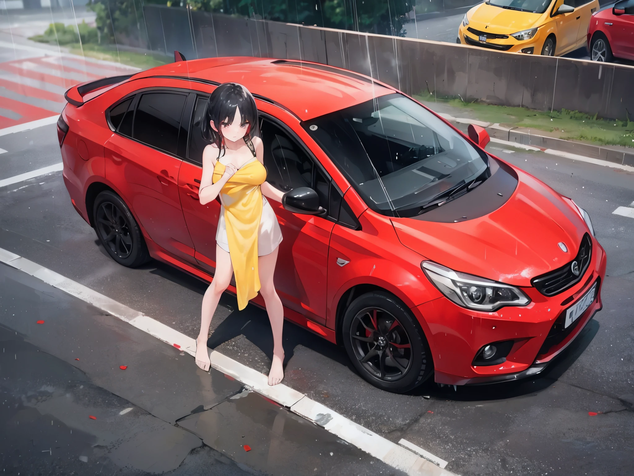 girl washing a red car with yellow towel smooth detailed extreme detailed in rain 4k  