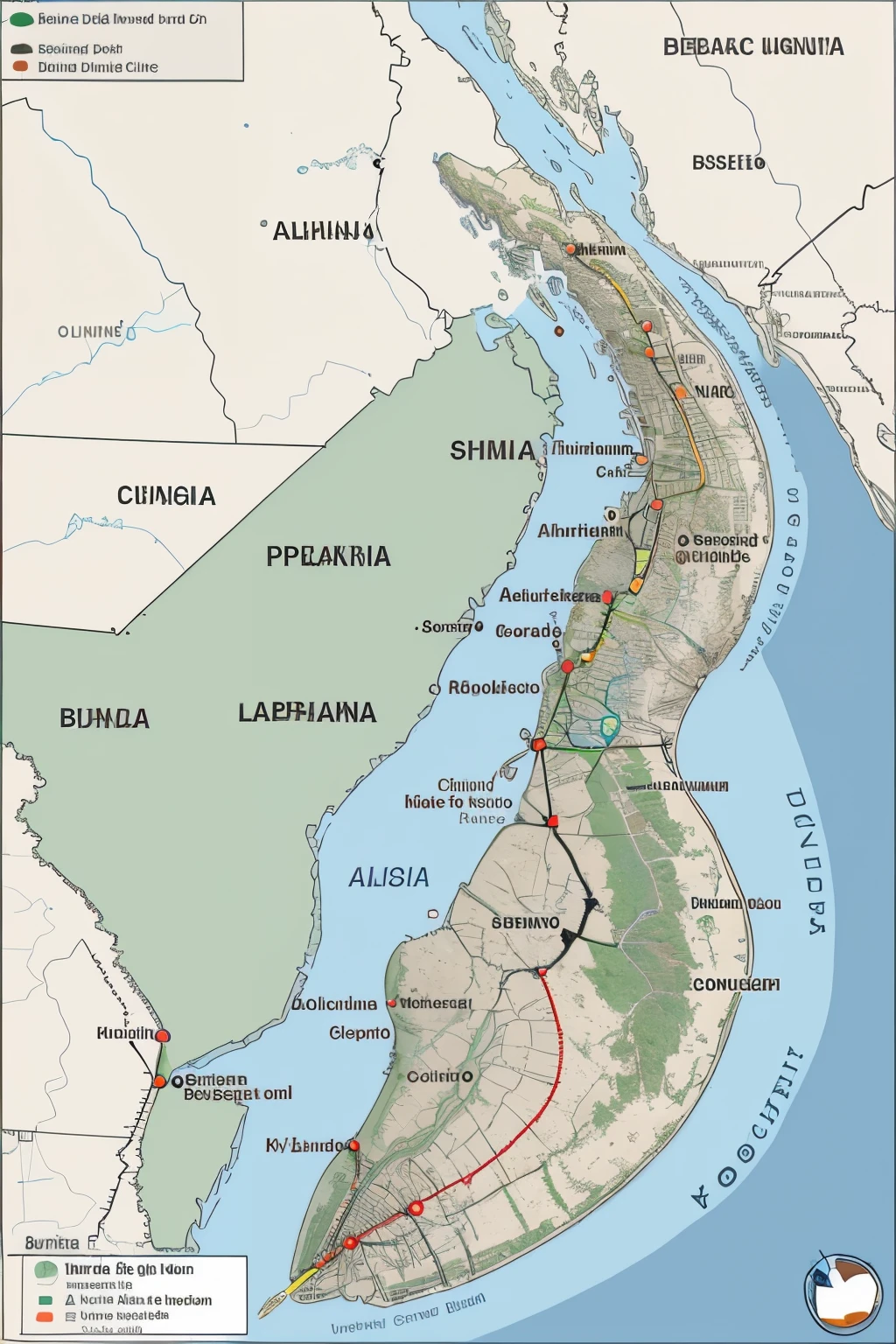 Alpharia is located in a diverse region, with coasts on the Alphar Sea to the east and mountains to the west.
En el mapa, You could highlight the eastern coast and the mountains on the western side.
Cities and Points of Interest:
La capital, Alpha City, could be marked with a dot or special symbol on the map to indicate its location.
Other points of interest, como ciudades importantes, Historic sites, national parks and tourist areas, They could also be marked on the map.
Divisiones Administrativas:
Alpharia could be divided into several regions or provinces. These divisions could be shown with different lines or colors on the map to distinguish them.
Each region or province could be clearly labeled on the map for easy identification.
Infraestructura:
Major roads and transportation routes could be represented on the map to show the country's infrastructure.
Besides, other infrastructure elements could be shown, como aeropuertos, seaports, and important railways.
Recursos Naturales:
Important natural resources could be indicated, like rivers, lagos, bosques, and agricultural areas.
The location of mineral or energy resources could also be represented., If it is relevant to the country's economy.
Leyenda y Escala:
A legend on the map could explain the symbols used and provide additional information about the elements represented.
A scale would be included to indicate the distance on the map.