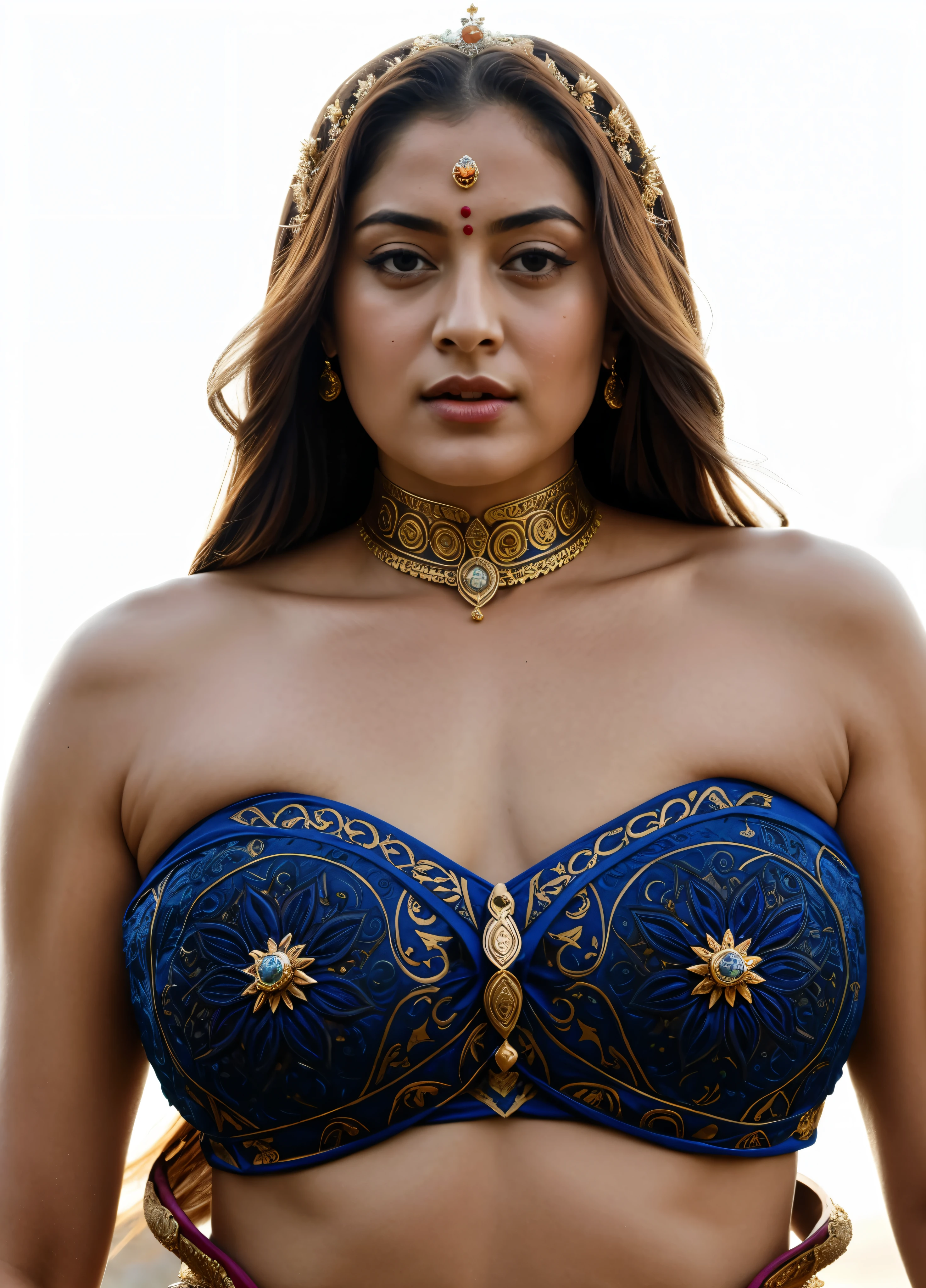 Looks like Sandeepa Dhar, "Design an illustration of a stunning and powerful warrior queen with a regal presence. She should possess a combination of strength and grace. Imagine her in ornate, yet practical armor that complements her figure. The armor should be adorned with intricate details and symbols representing her royal lineage and warrior prowess. Her weapon of choice could be a unique and elegant sword or a mythical weapon that reflects her status as a formidable leader.

Her facial features should exude confidence and determination, with piercing eyes that convey both fierceness and wisdom. The queen's hair, whether long or short, should flow dynamically, hinting at her movement in battle. Consider incorporating elements that emphasize her connection to nature or a mythical realm, such as ethereal backgrounds, symbolic animals, or mystical symbols.

Pay attention to the color palette; use rich, bold colors that enhance her royal aura. Experiment with lighting to highlight specific details and create a sense of drama. Ensure that her posture and expression capture the essence of a queen who commands respect and admiration. Feel free to draw inspiration from historical warrior queens or fictional characters, blending elements to create a unique and captivating image."