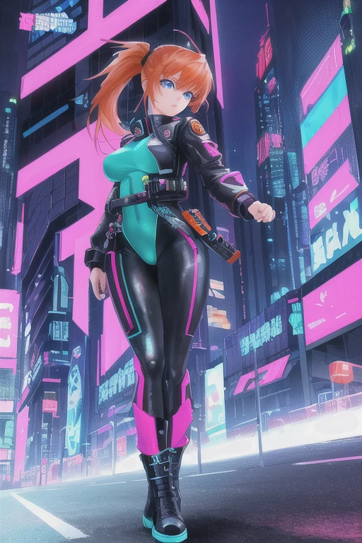 1girl ((32year old, dressed in a tight futuristic sci-fi bodysuit, utility belt, boots, medium breasts, short orange hair, pony tail styled hair, perfect model body:1.3, detailed blue eyes:1.5)) attack action, face close-up, action with impact, full body, perspective composition, exaggerated composition, perfect composition, perfect eyes, large perspective, dynamic composition, dreamy cyberpunk girl, anime cyberpunk art, digital cyberpunk - anime art, cyberpunk anime girl, digital cyberpunk anime art, cyberpunk, cyberpunk anime art, cyberpunk vibe, cyberpunk art style, background is city, neon, night