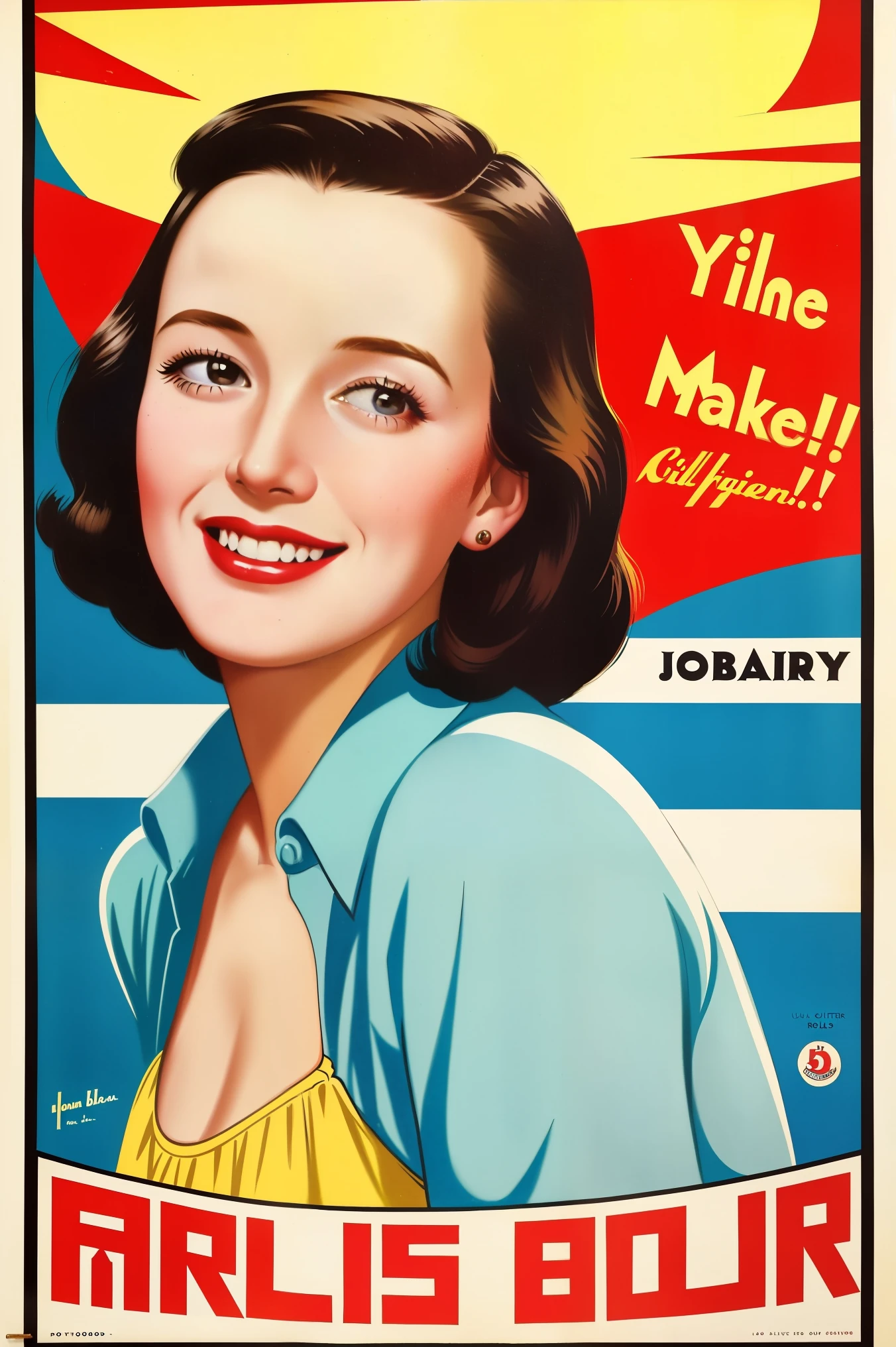 a close up of a poster of a young girl with a smile, glossy old advertising poster, vintage poster, poster vintage, retro poster, enoch bolles, 1940s propaganda poster, by Joseph Brandt, inspired by Art Frahm, beautiful retro art, art deco poster, vintage poster style, retro ad, the front of a trading card